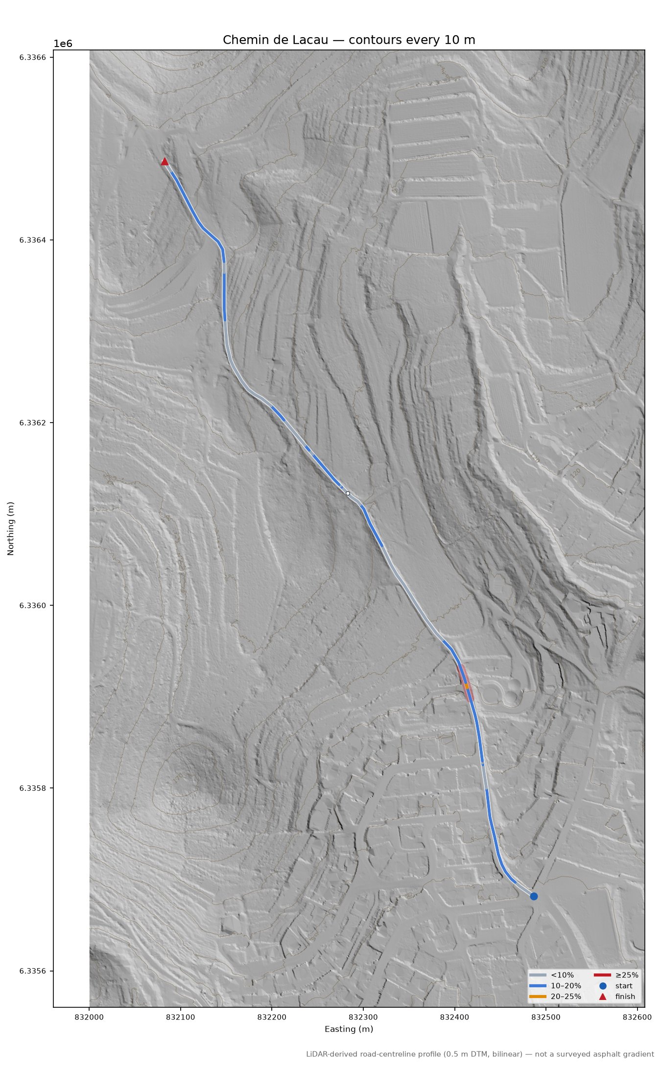 Chemin de Lacau LiDAR hillshade map with contours