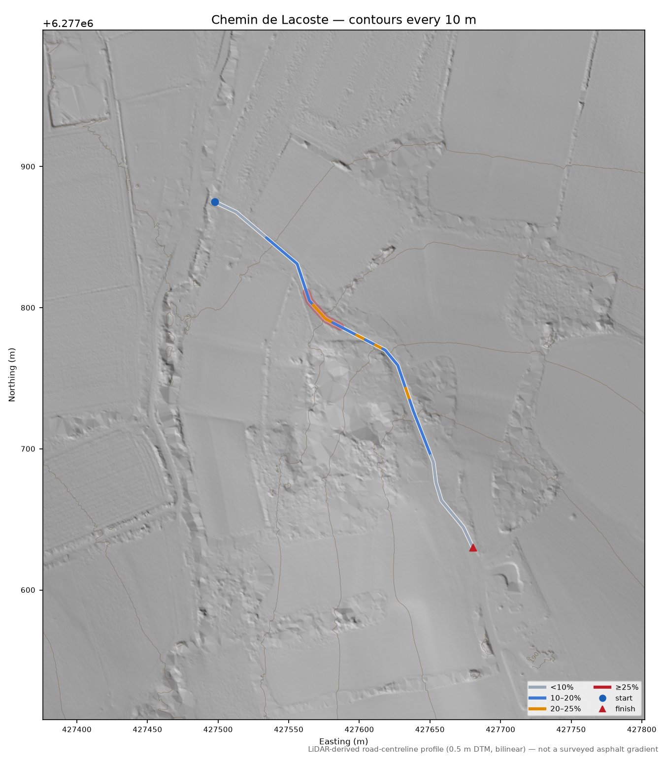 Chemin de Lacoste LiDAR hillshade map with contours