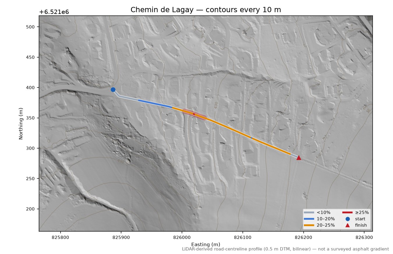 Chemin de Lagay LiDAR hillshade map with contours