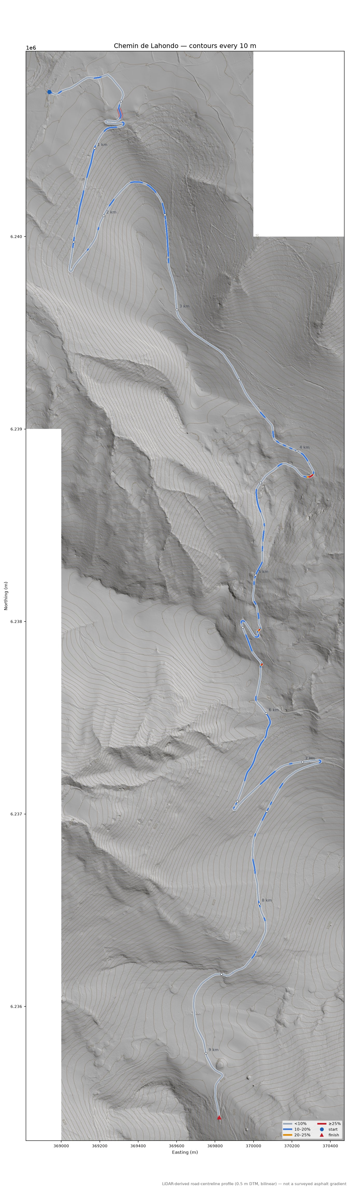 Chemin de Lahondo LiDAR hillshade map with contours