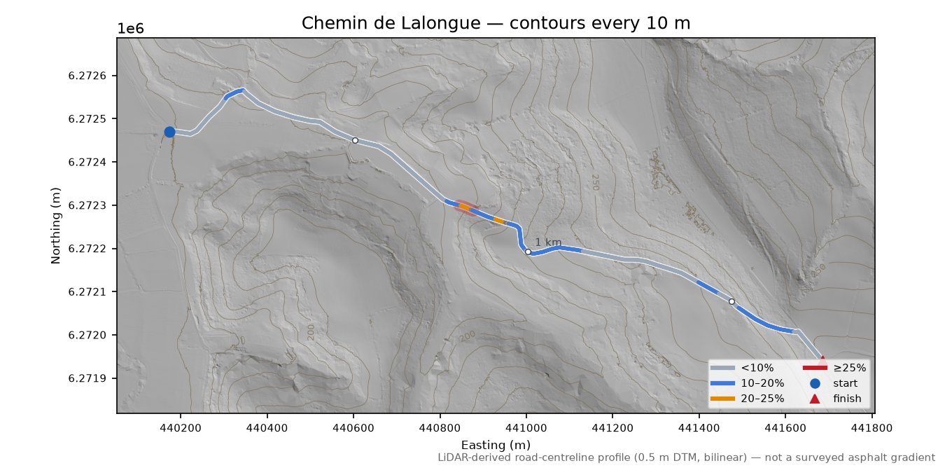 Chemin de Lalongue LiDAR hillshade map with contours