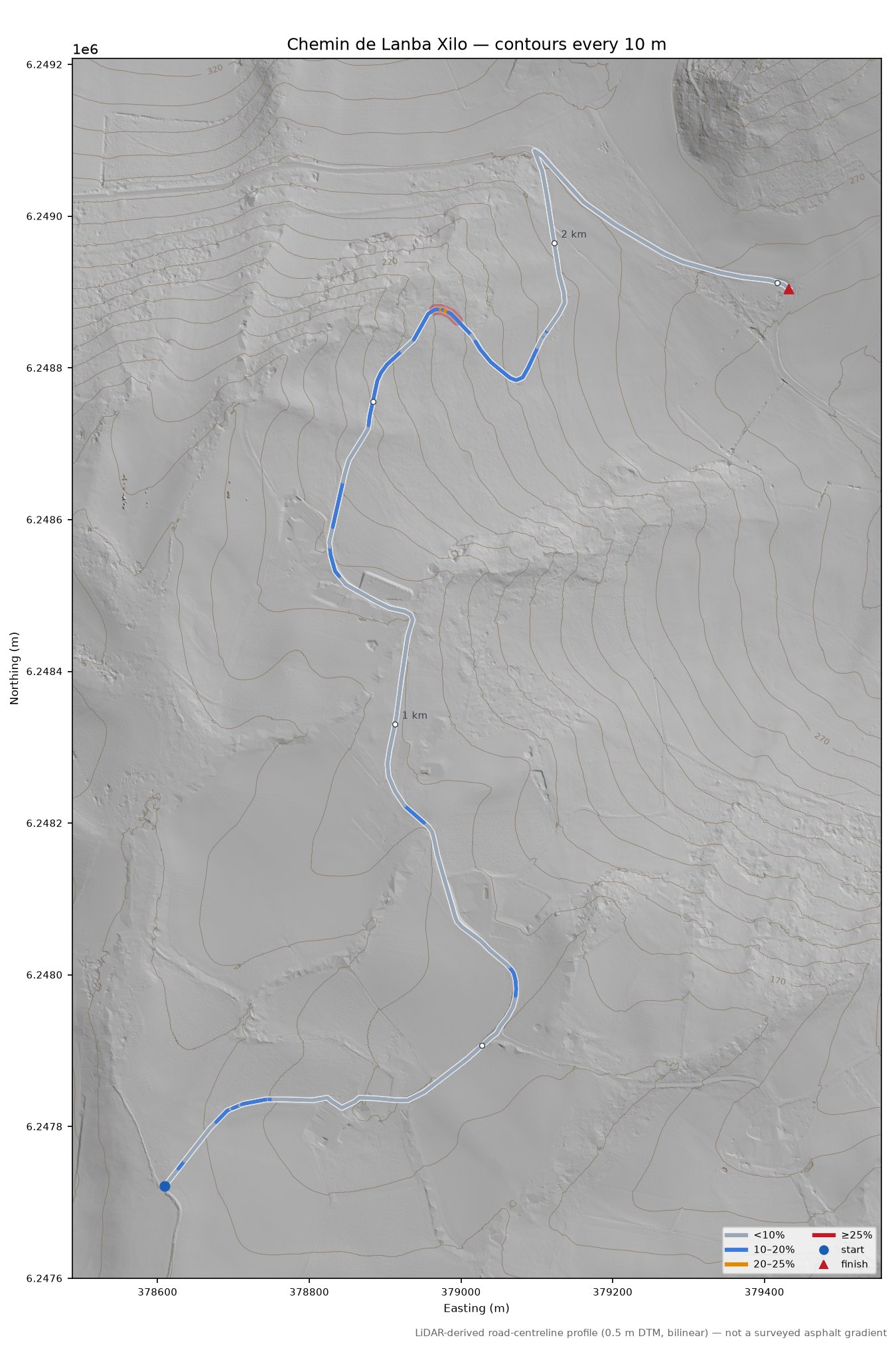 Chemin de Lanba Xilo LiDAR hillshade map with contours