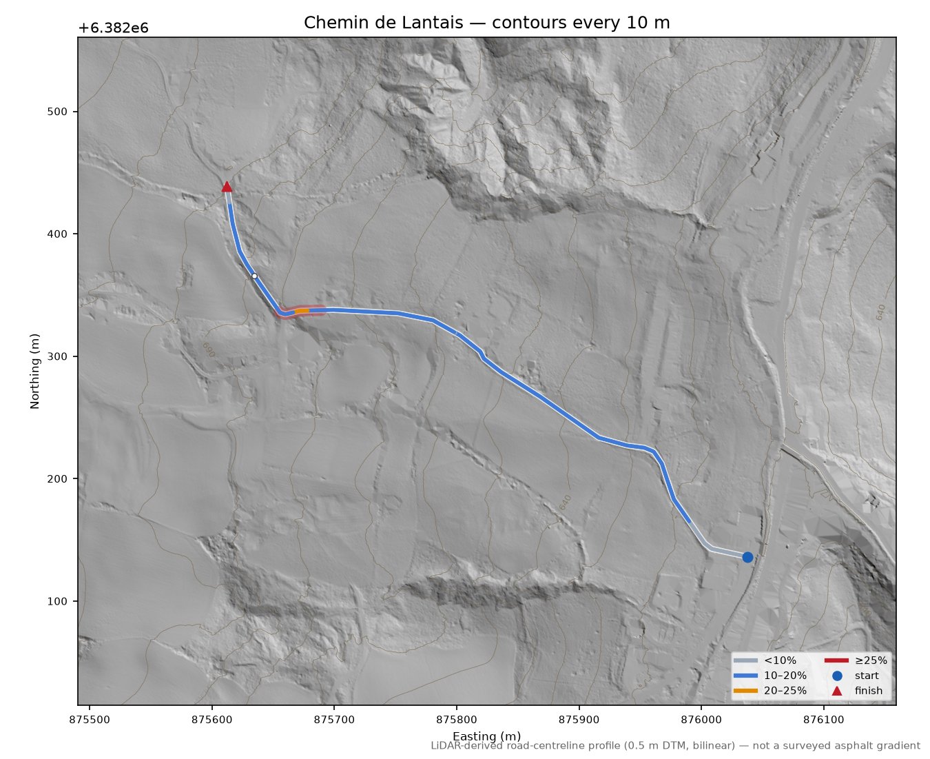 Chemin de Lantais LiDAR hillshade map with contours
