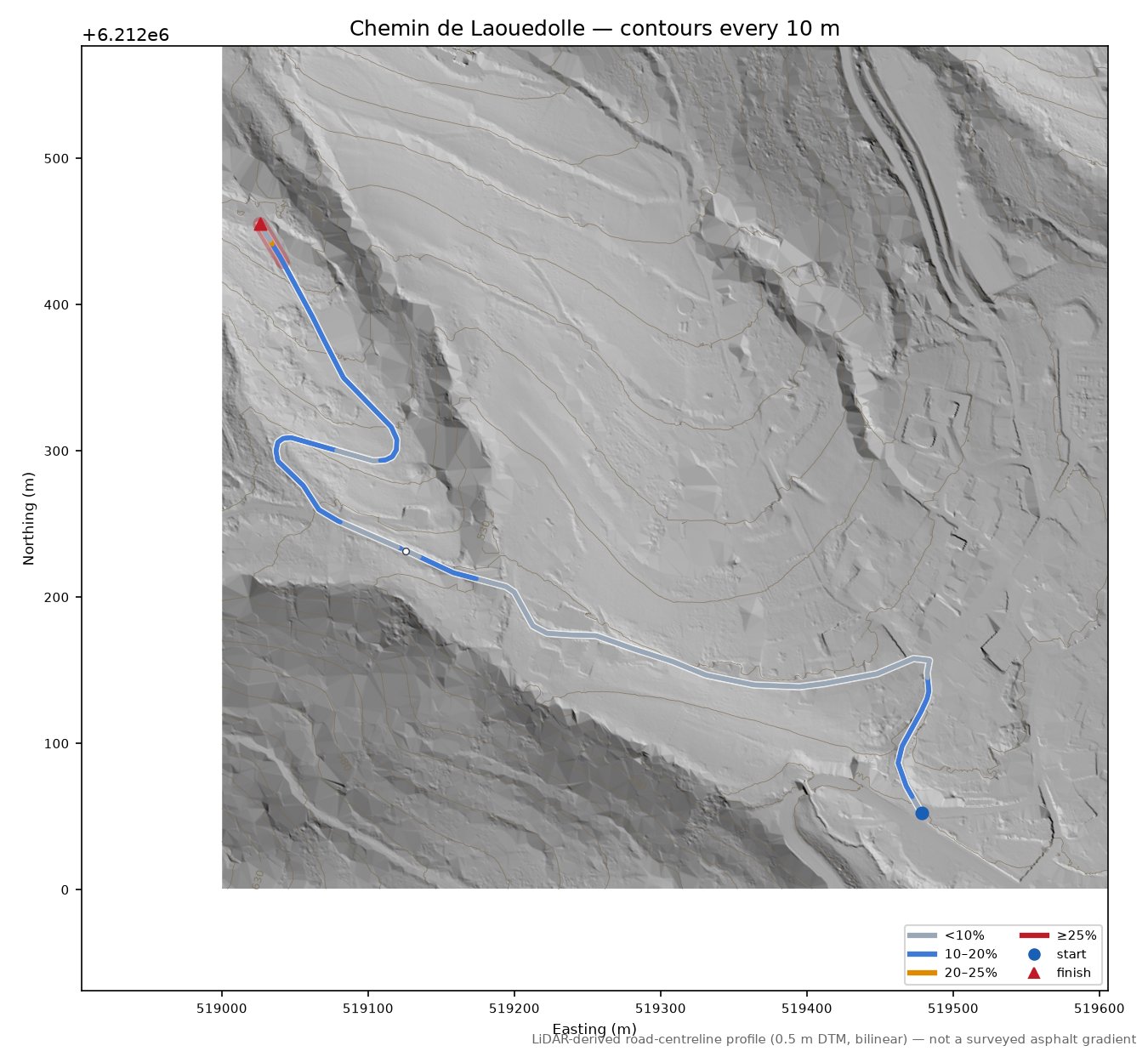 Chemin de Laouedolle LiDAR hillshade map with contours