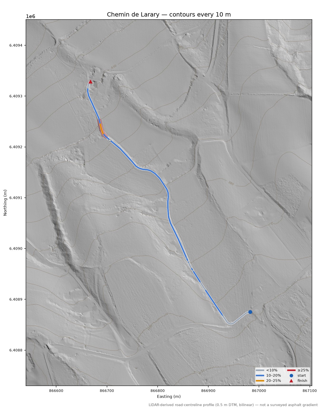 Chemin de Larary LiDAR hillshade map with contours