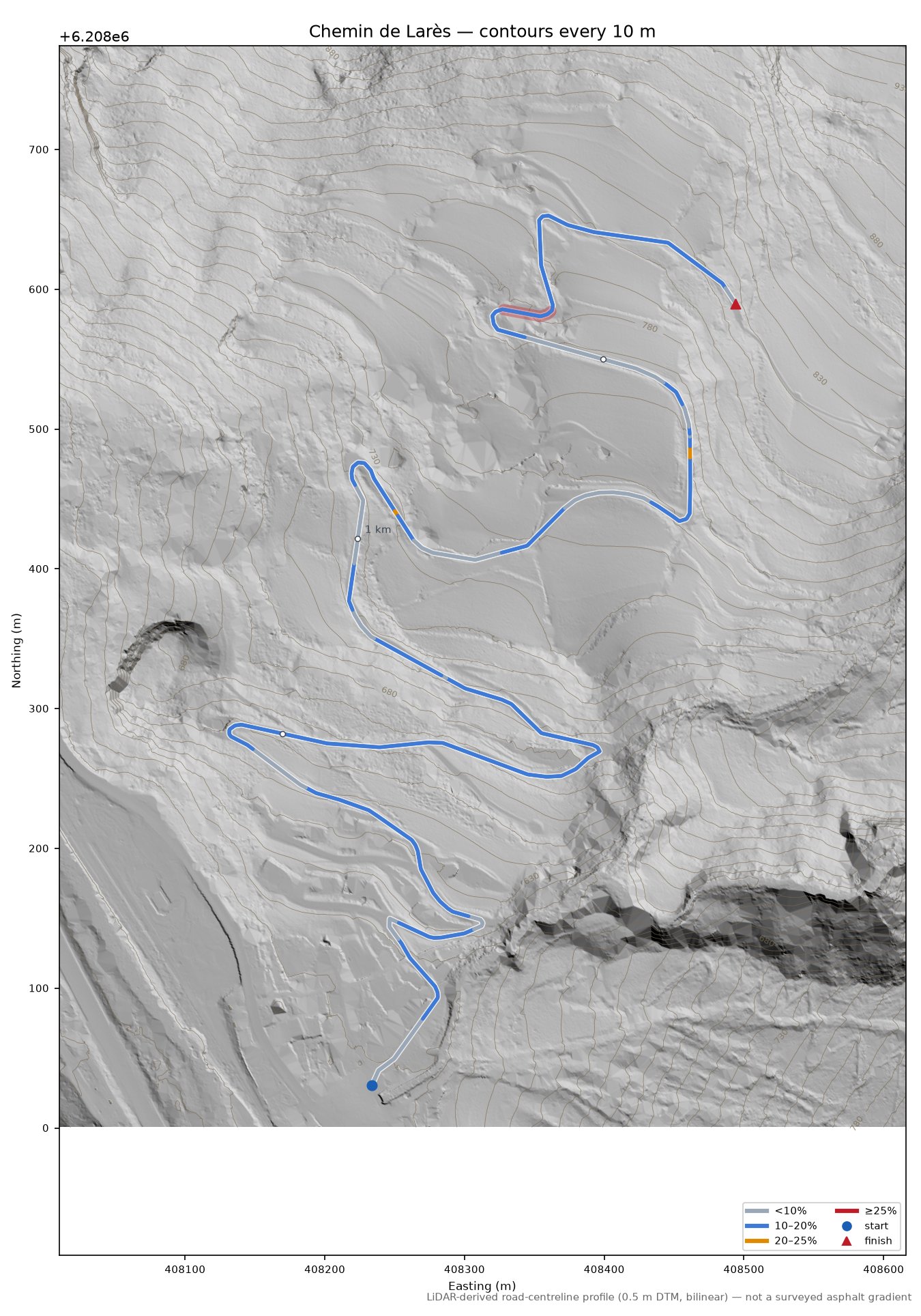 Chemin de Larès LiDAR hillshade map with contours