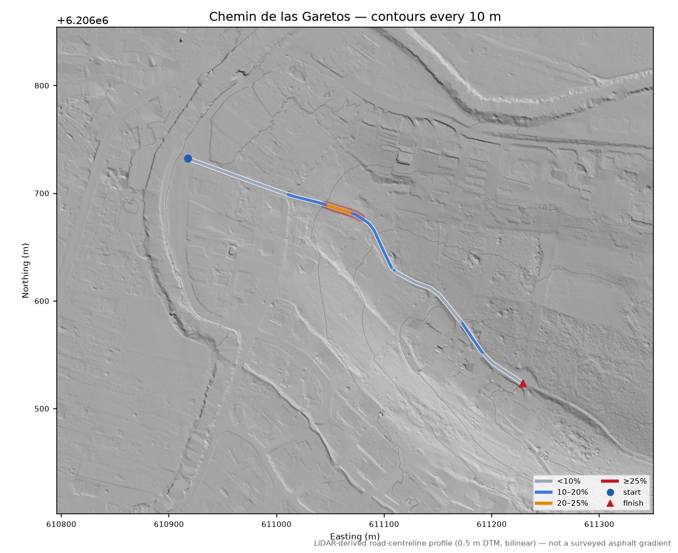 Chemin de las Garetos LiDAR hillshade map with contours