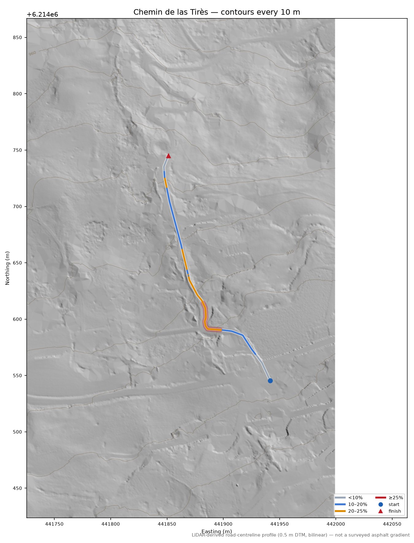 Chemin de las Tirès LiDAR hillshade map with contours
