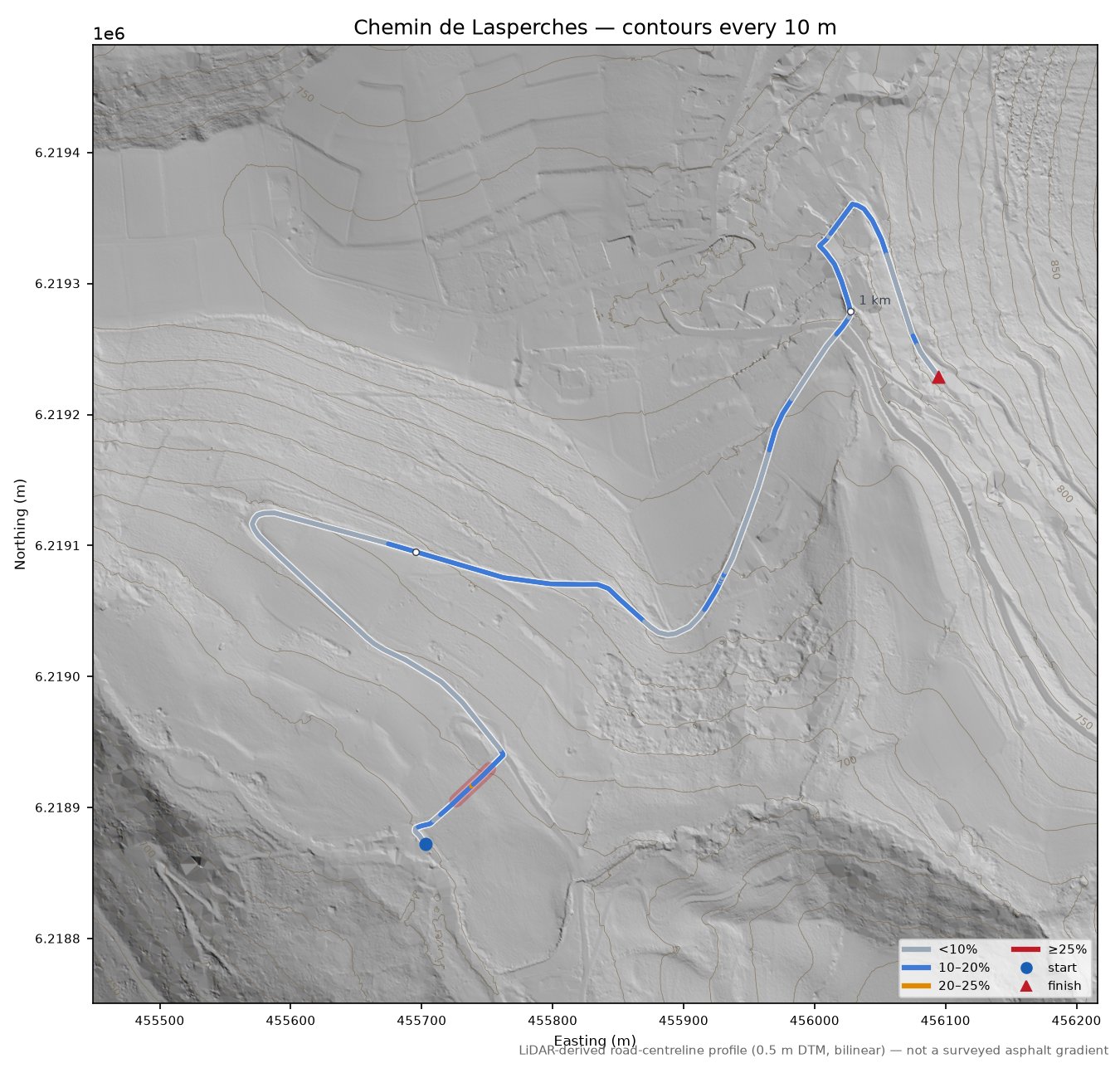 Chemin de Lasperches LiDAR hillshade map with contours