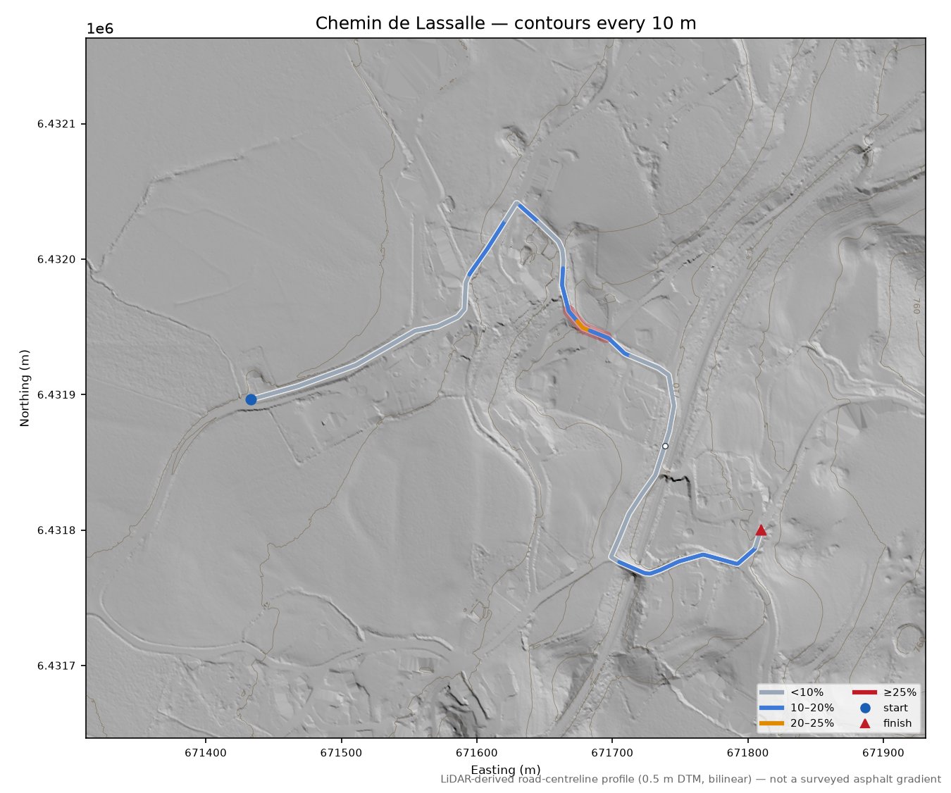 Chemin de Lassalle LiDAR hillshade map with contours
