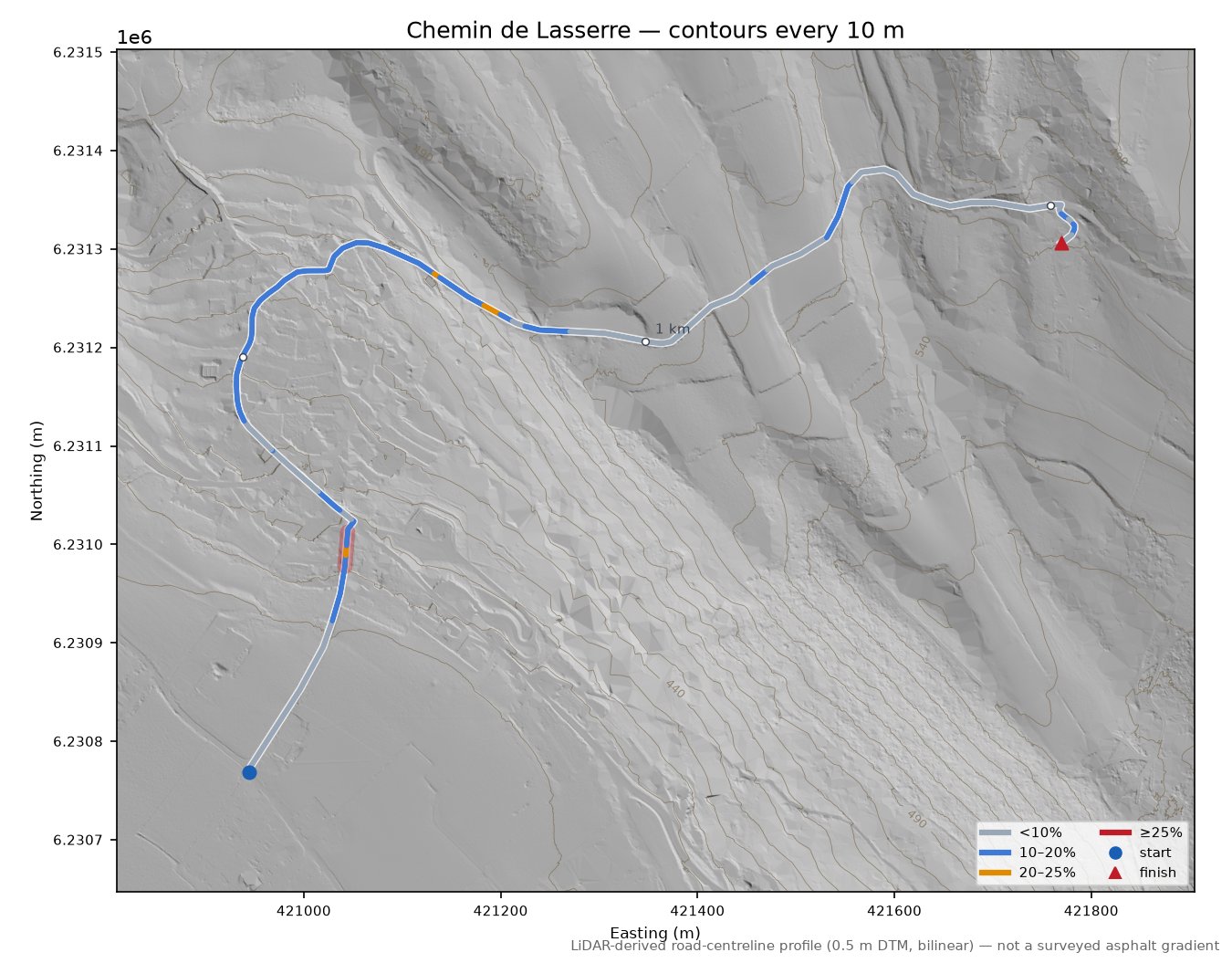 Chemin de Lasserre LiDAR hillshade map with contours