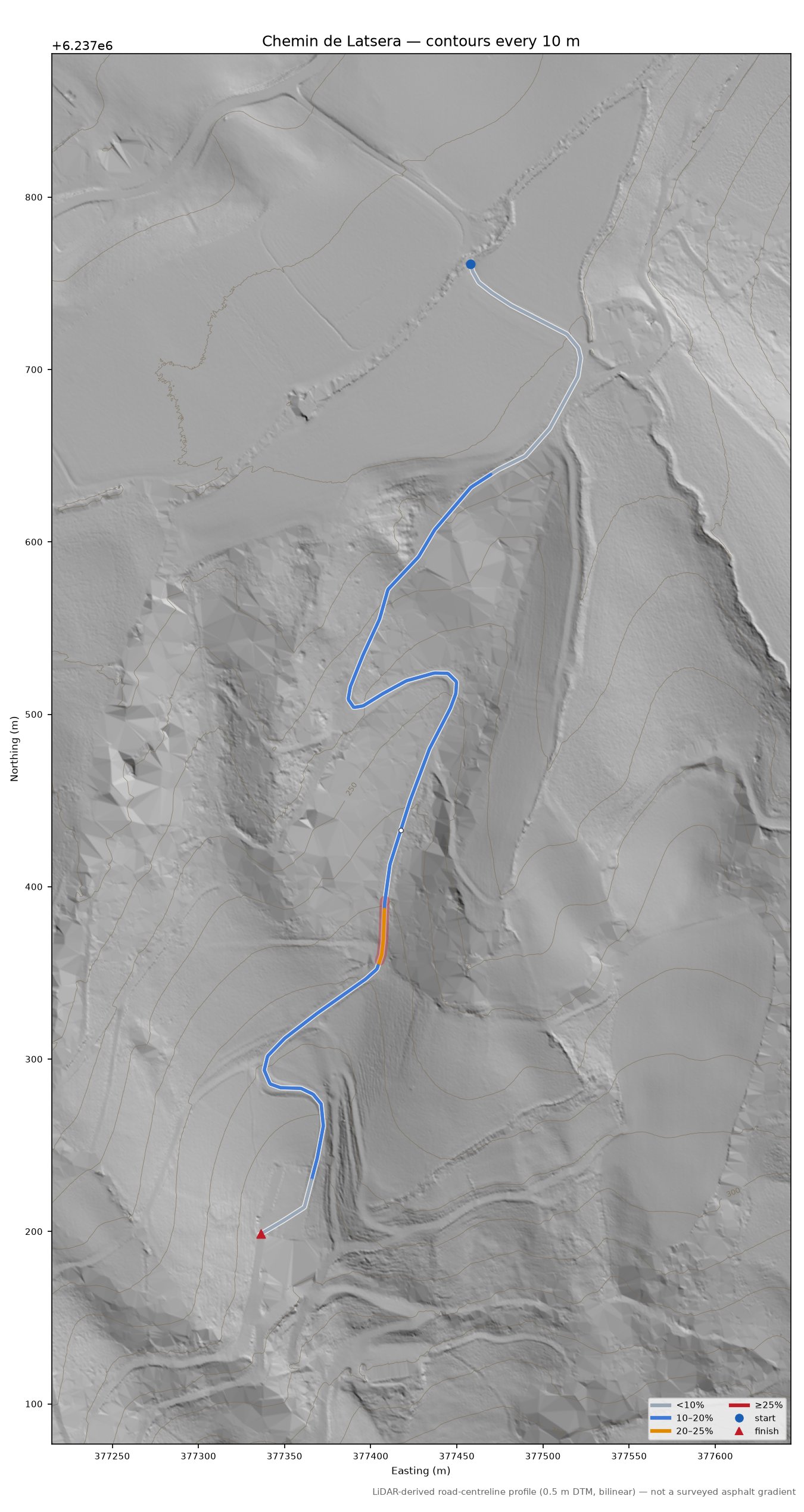 Chemin de Latsera LiDAR hillshade map with contours