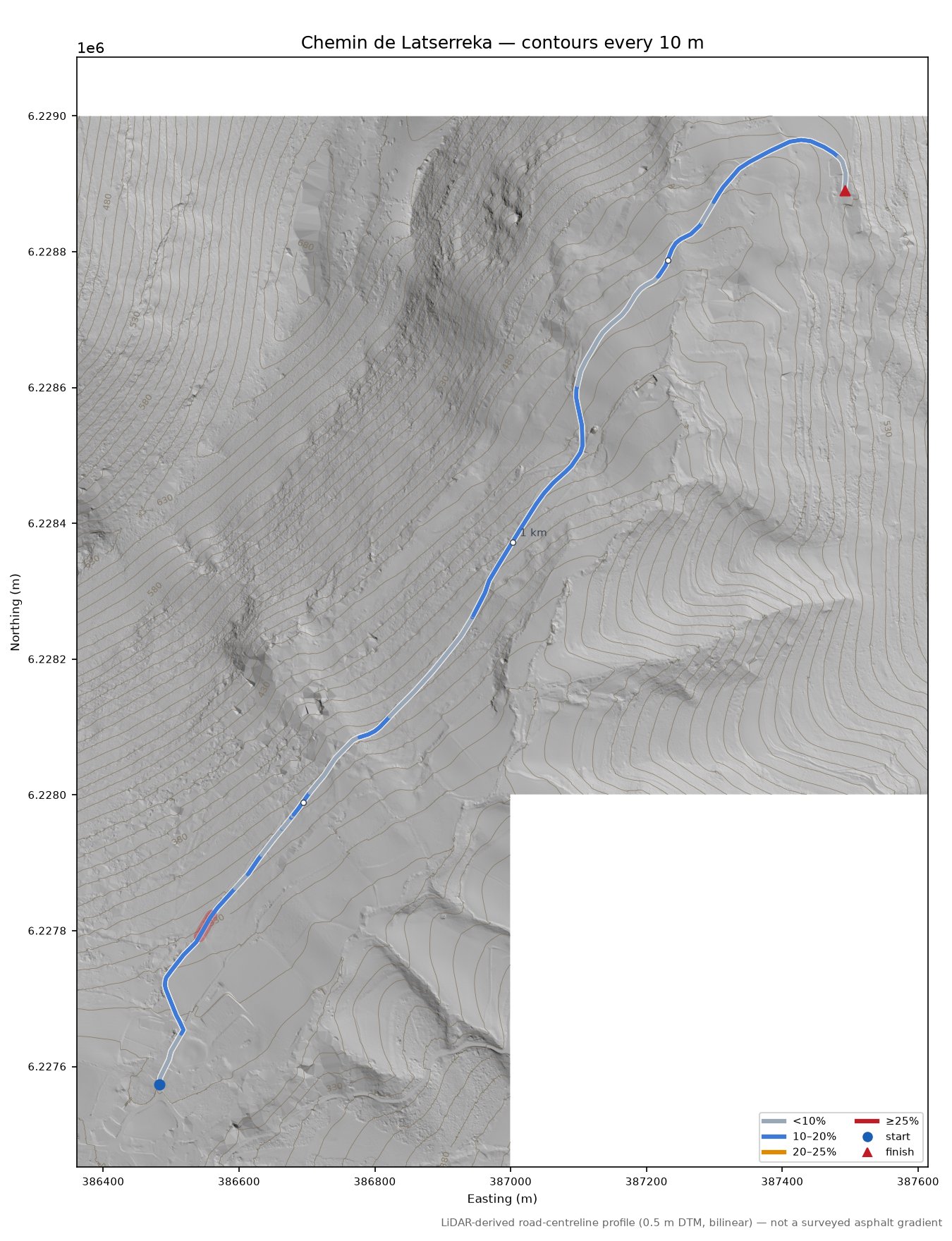 Chemin de Latserreka LiDAR hillshade map with contours