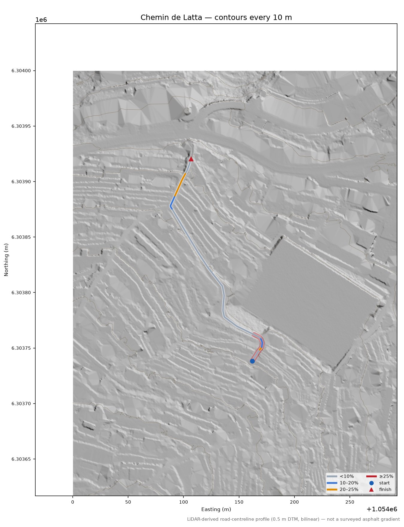 Chemin de Latta LiDAR hillshade map with contours