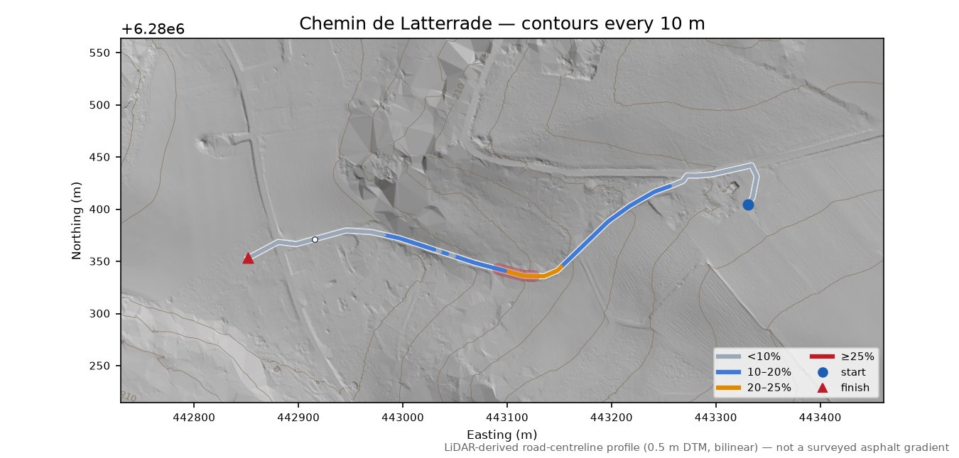 Chemin de Latterrade LiDAR hillshade map with contours