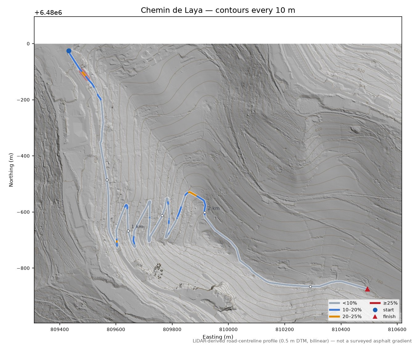 Chemin de Laya LiDAR hillshade map with contours