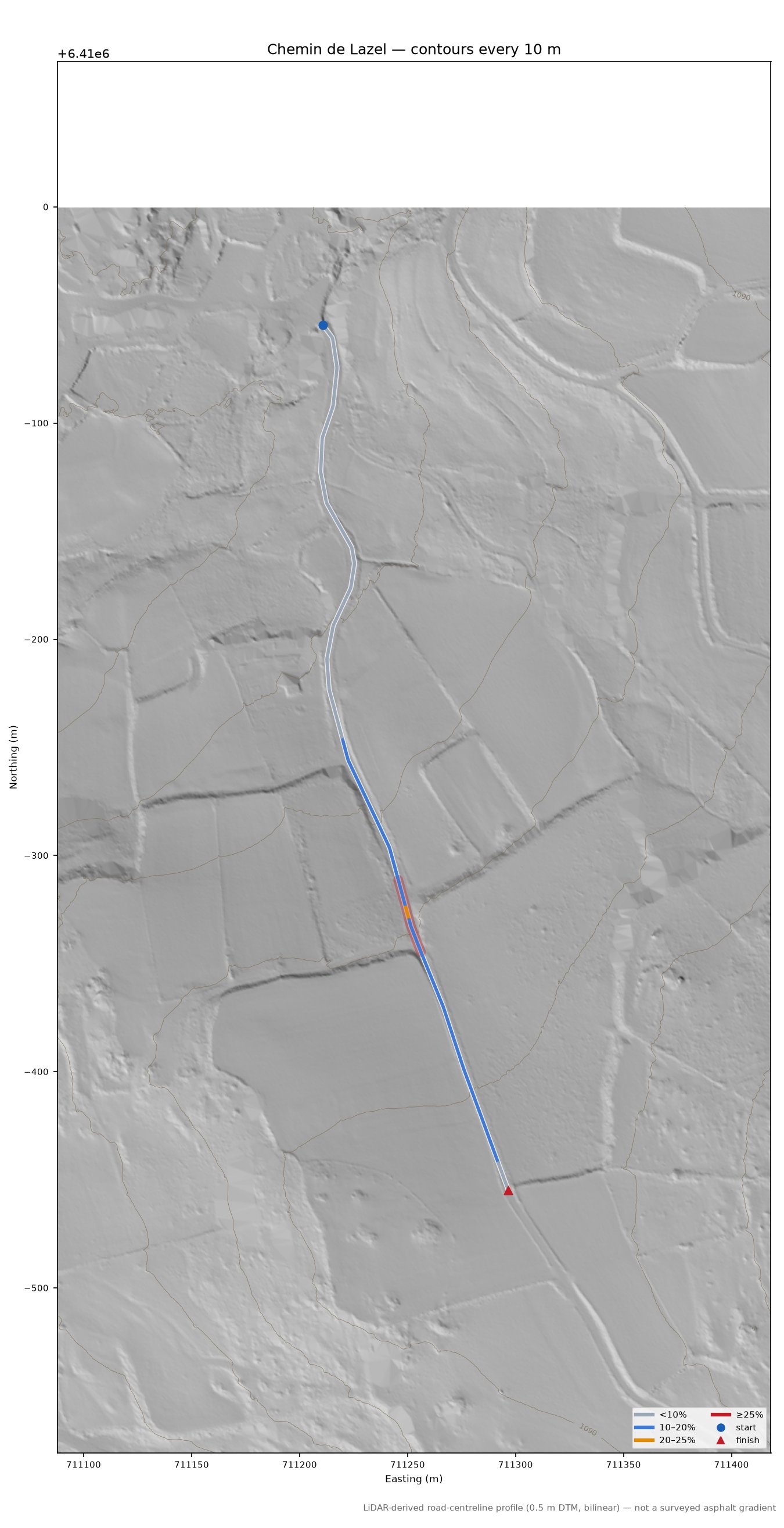 Chemin de Lazel LiDAR hillshade map with contours