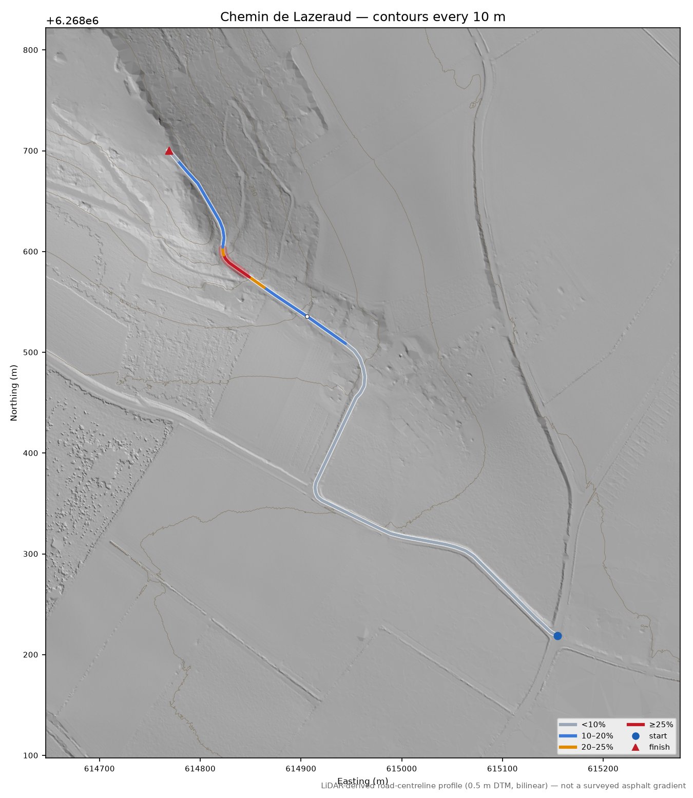 Chemin de Lazeraud LiDAR hillshade map with contours