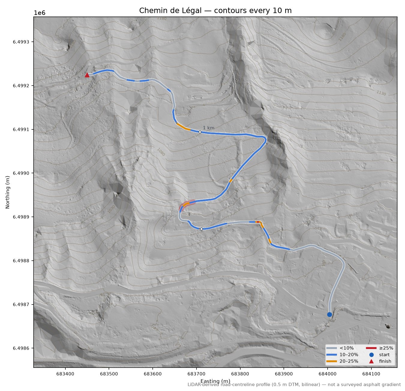 Chemin de Légal LiDAR hillshade map with contours
