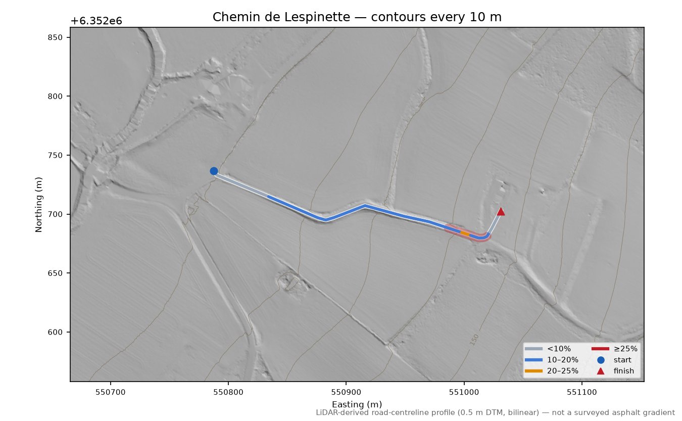 Chemin de Lespinette LiDAR hillshade map with contours