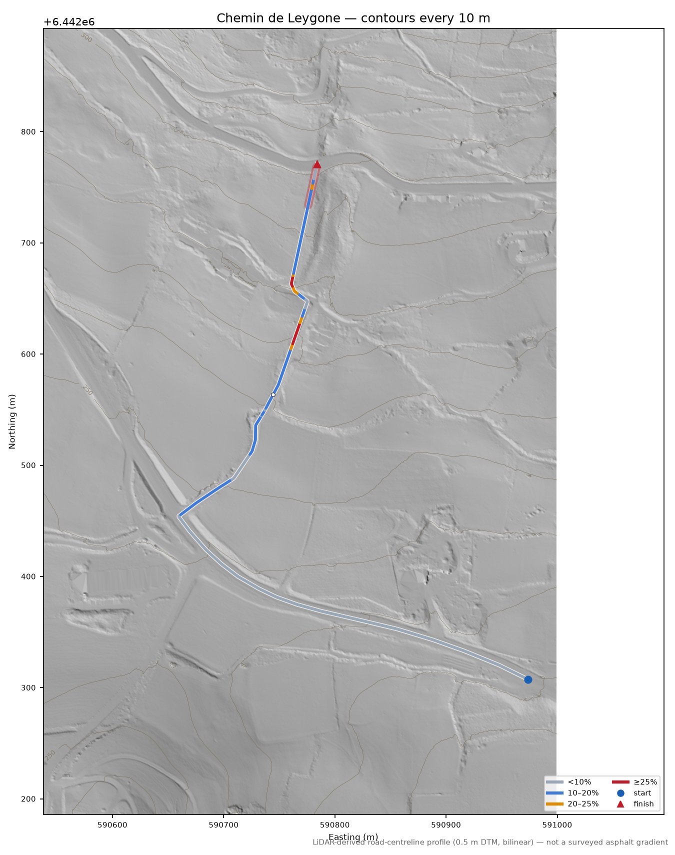Chemin de Leygone LiDAR hillshade map with contours