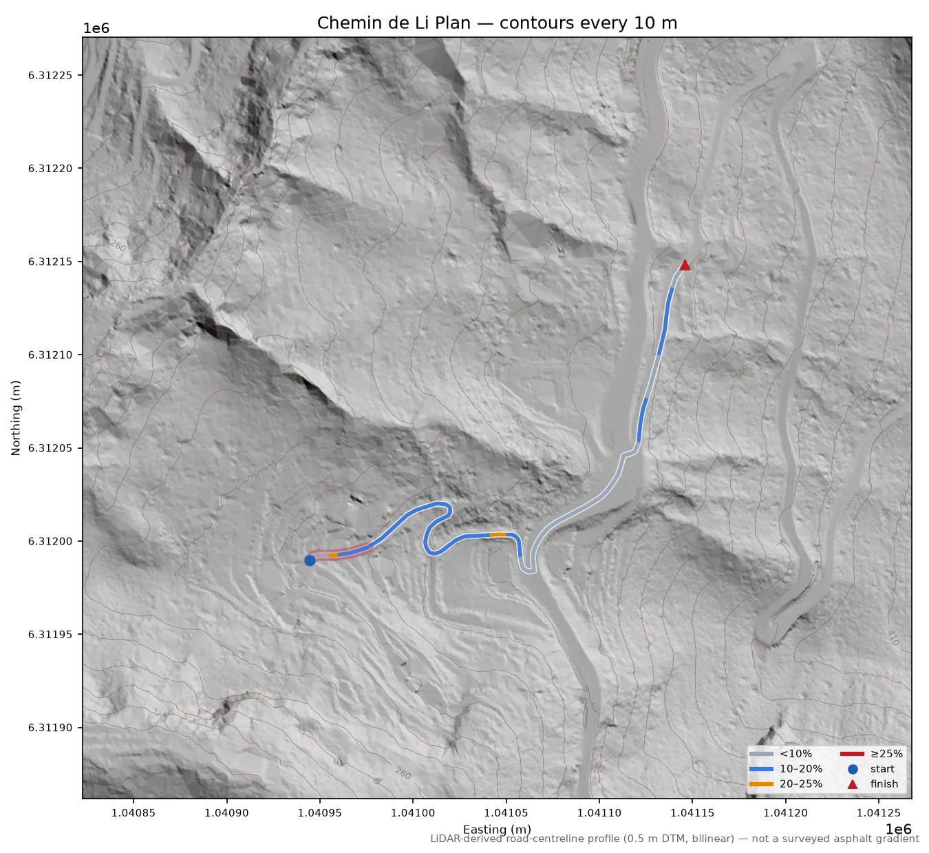 Chemin de Li Plan LiDAR hillshade map with contours