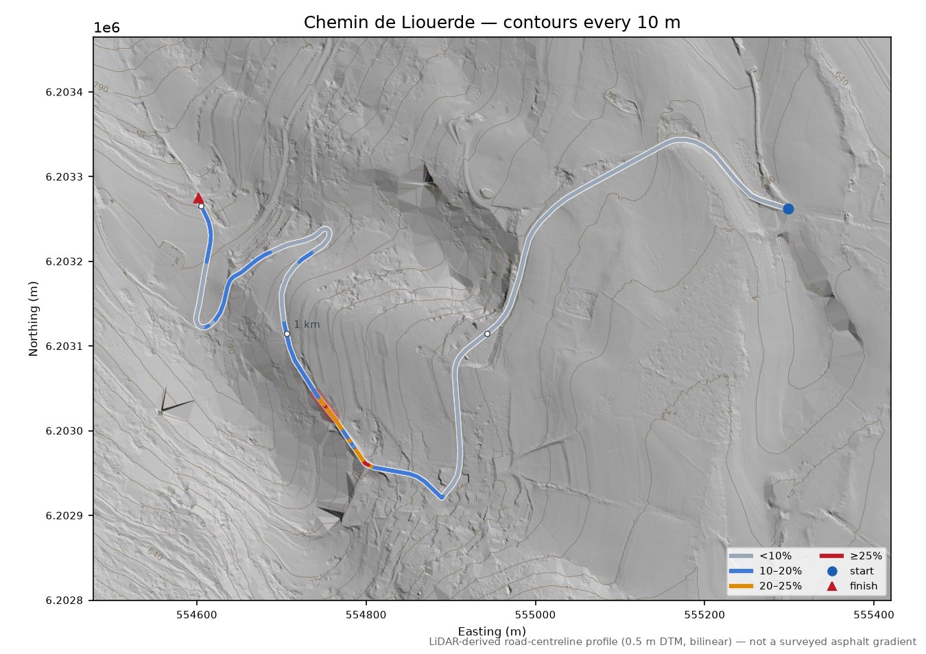 Chemin de Liouerde LiDAR hillshade map with contours