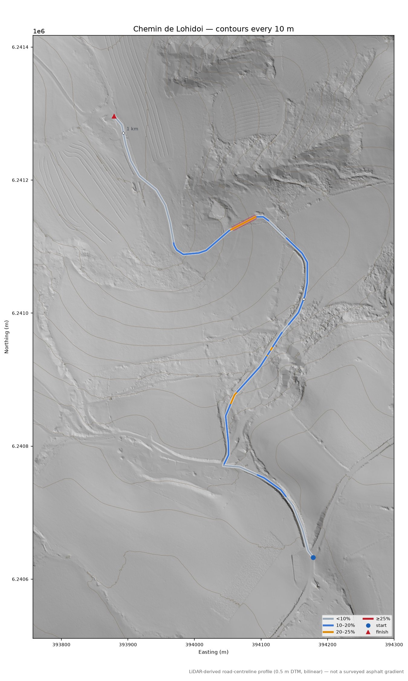 Chemin de Lohidoi LiDAR hillshade map with contours