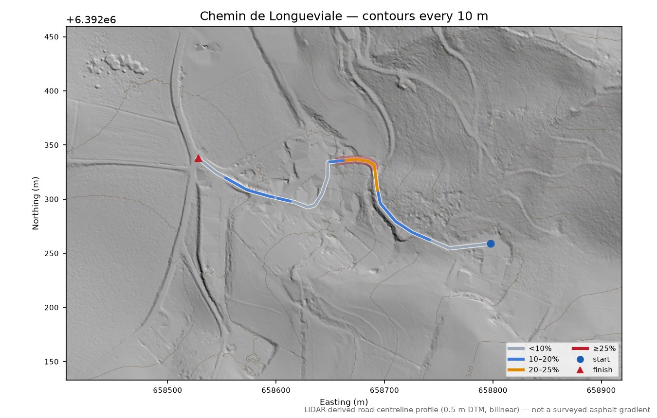 Chemin de Longueviale LiDAR hillshade map with contours