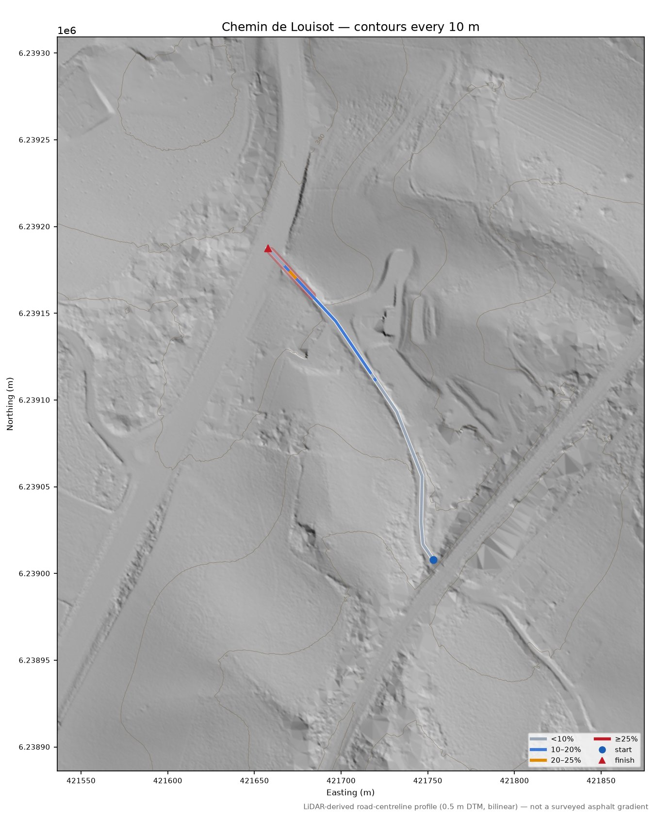 Chemin de Louisot LiDAR hillshade map with contours