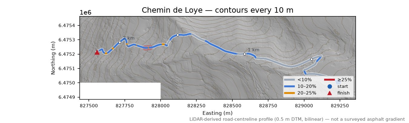 Chemin de Loye LiDAR hillshade map with contours