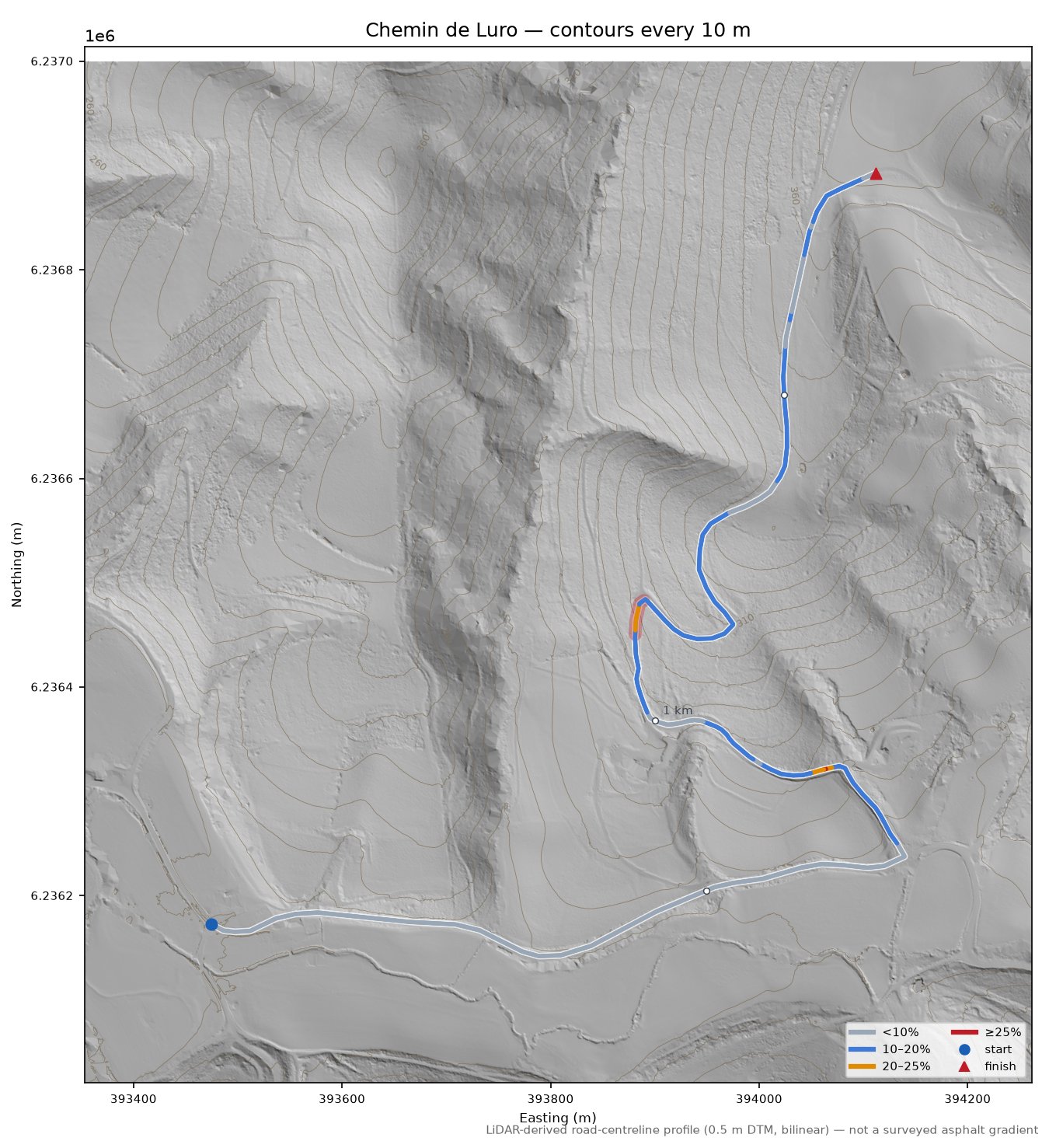 Chemin de Luro LiDAR hillshade map with contours