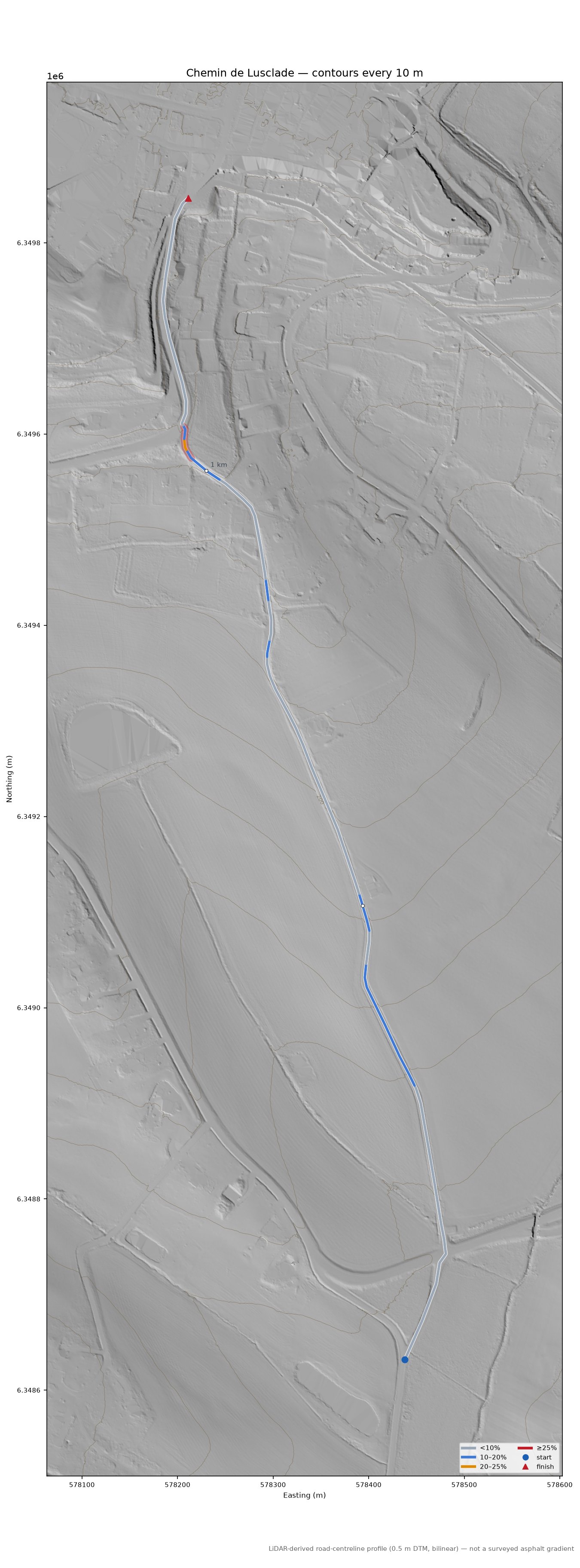 Chemin de Lusclade LiDAR hillshade map with contours