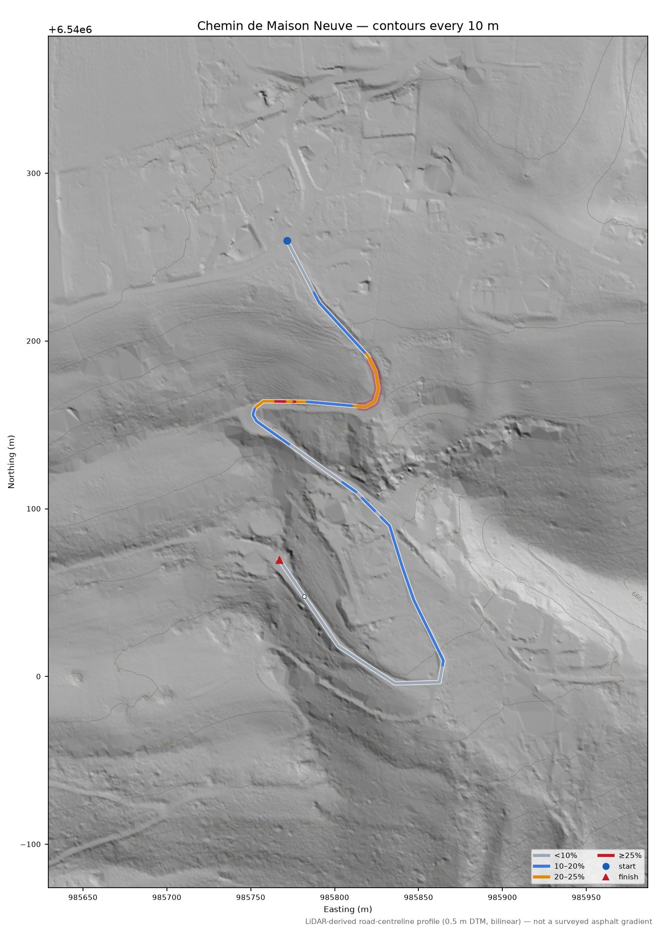 Chemin de Maison Neuve LiDAR hillshade map with contours