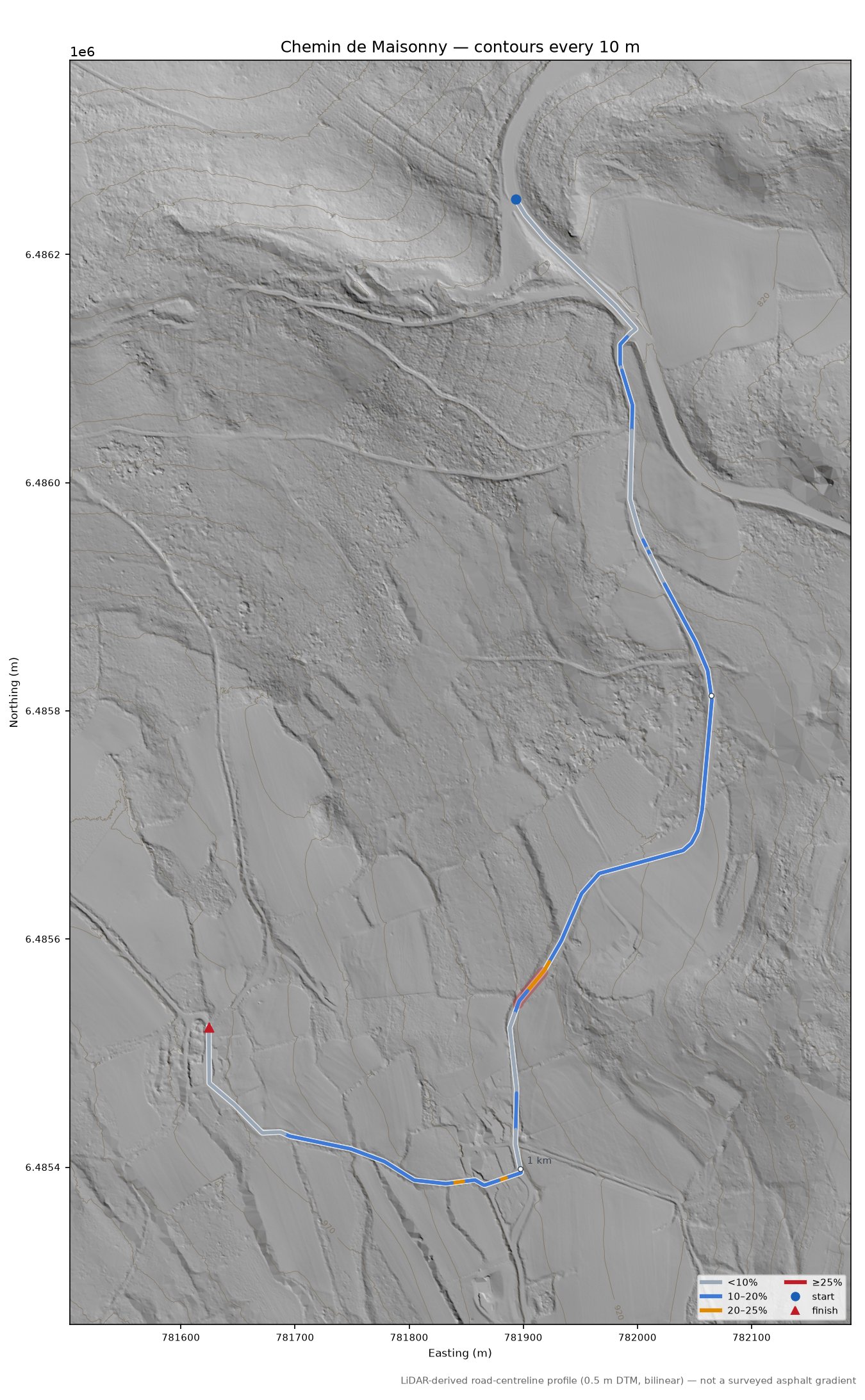 Chemin de Maisonny LiDAR hillshade map with contours