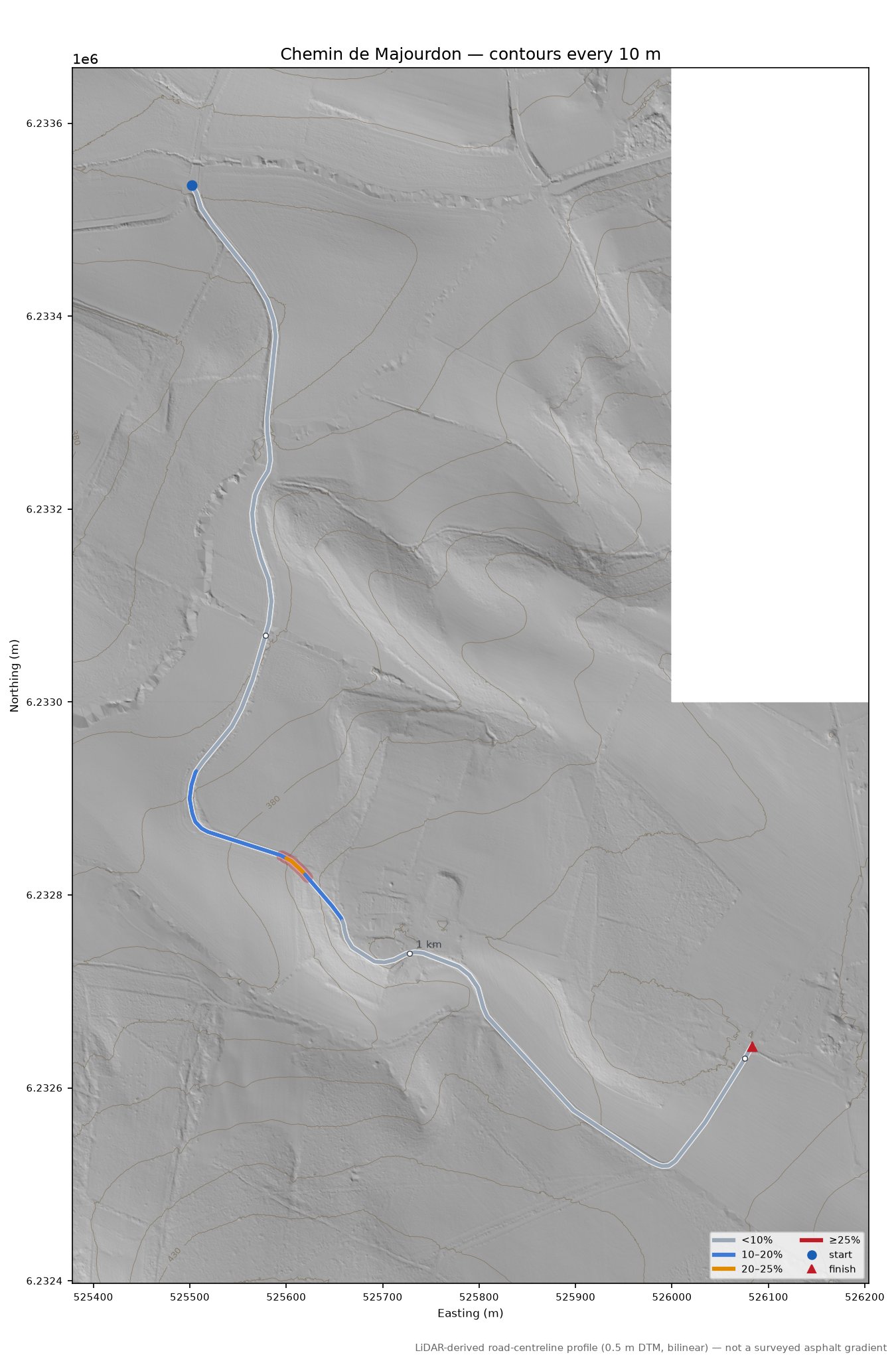 Chemin de Majourdon LiDAR hillshade map with contours