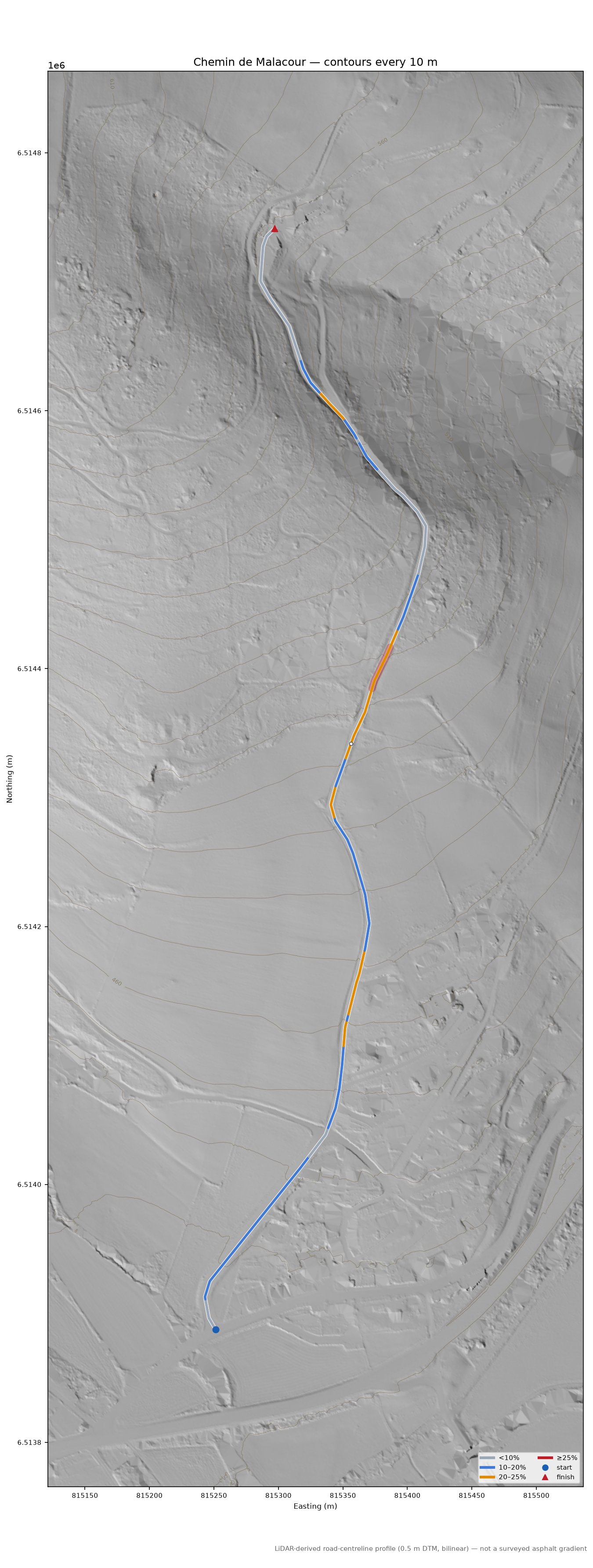 Chemin de Malacour LiDAR hillshade map with contours