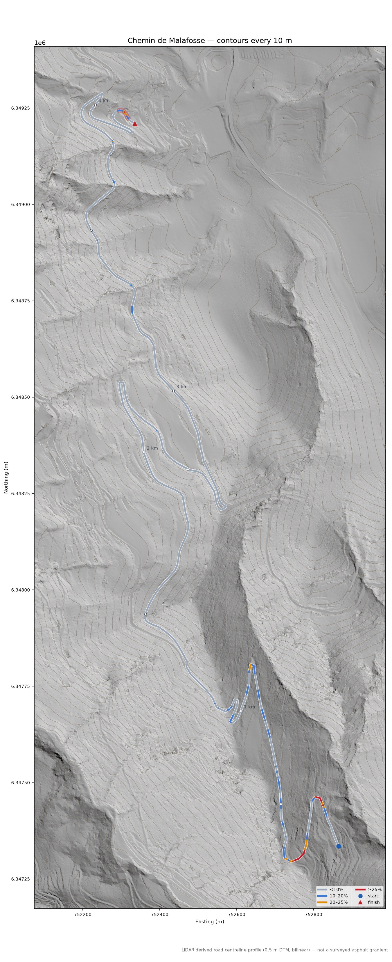 Chemin de Malafosse LiDAR hillshade map with contours
