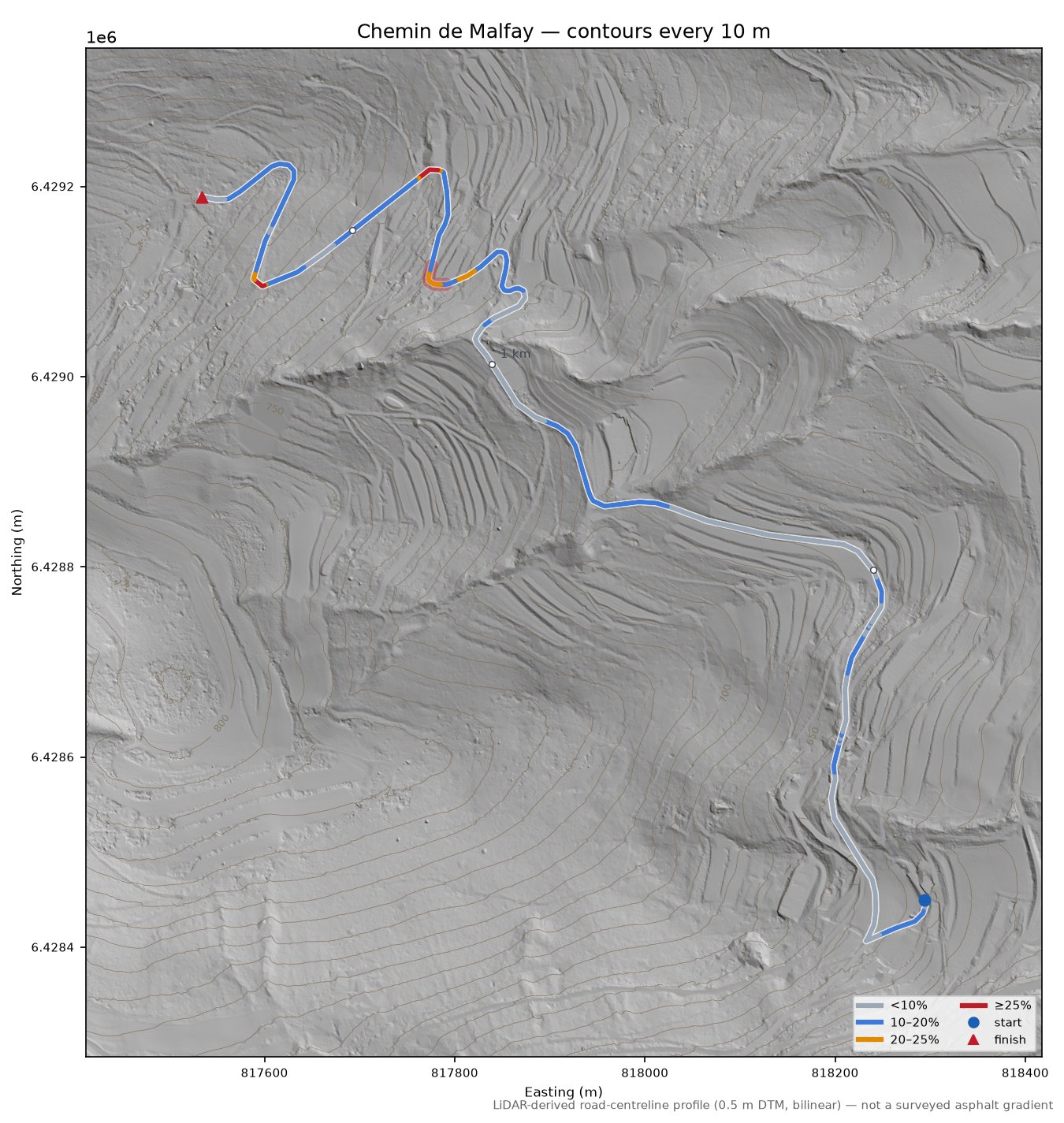Chemin de Malfay LiDAR hillshade map with contours
