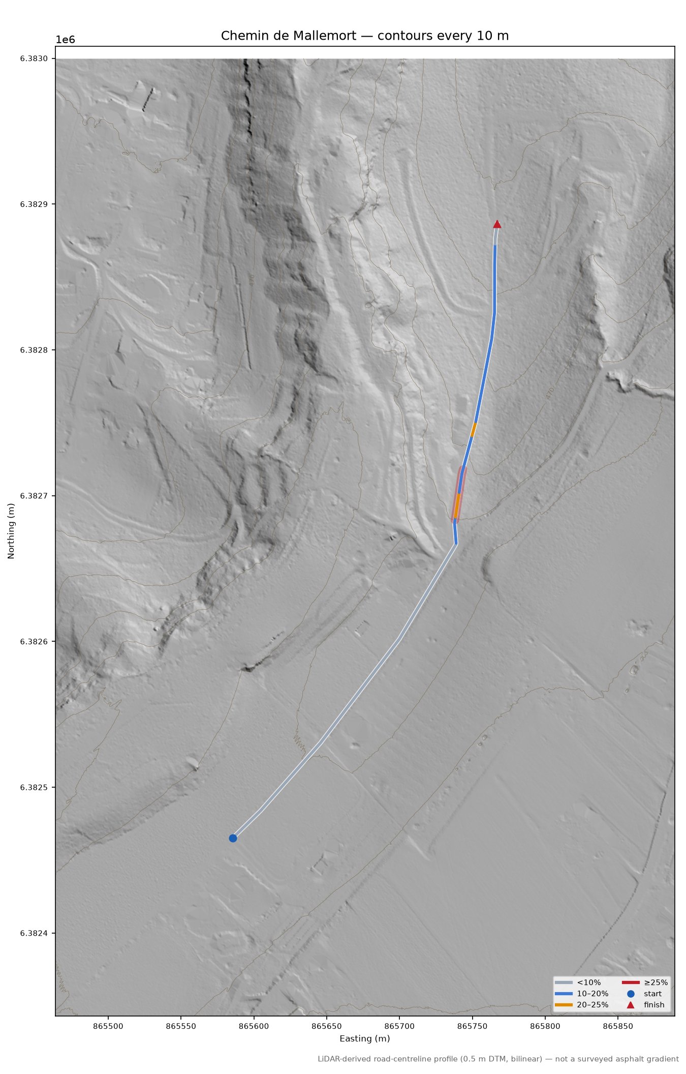 Chemin de Mallemort LiDAR hillshade map with contours