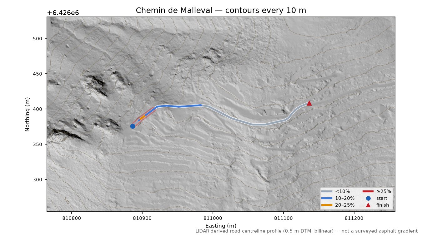 Chemin de Malleval LiDAR hillshade map with contours