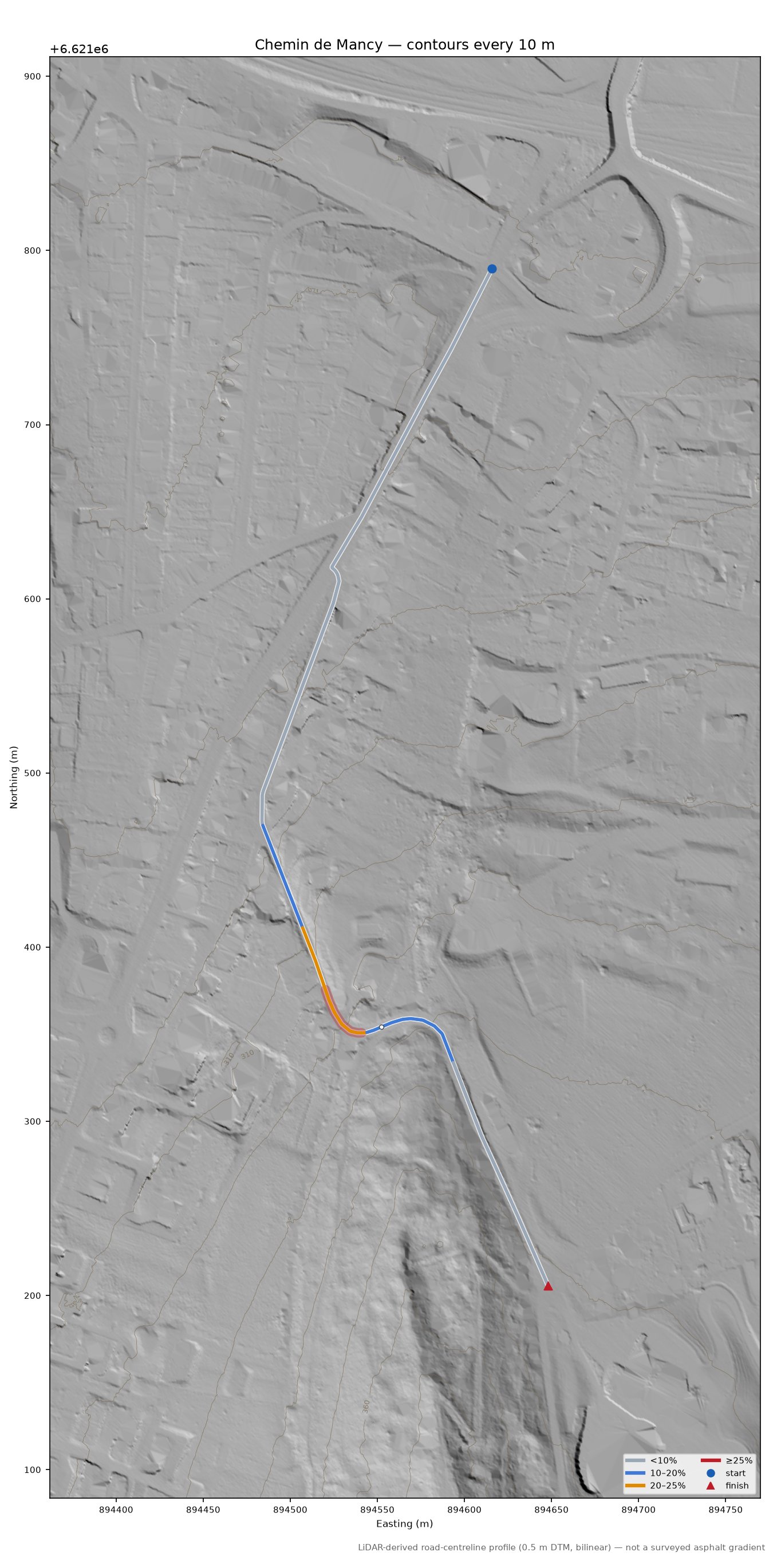 Chemin de Mancy LiDAR hillshade map with contours