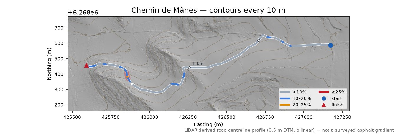 Chemin de Mânes LiDAR hillshade map with contours