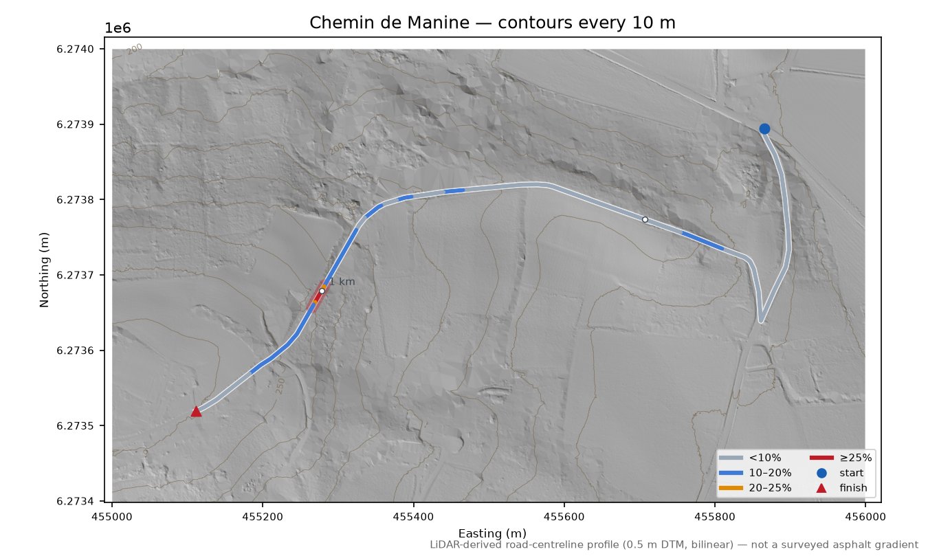 Chemin de Manine LiDAR hillshade map with contours