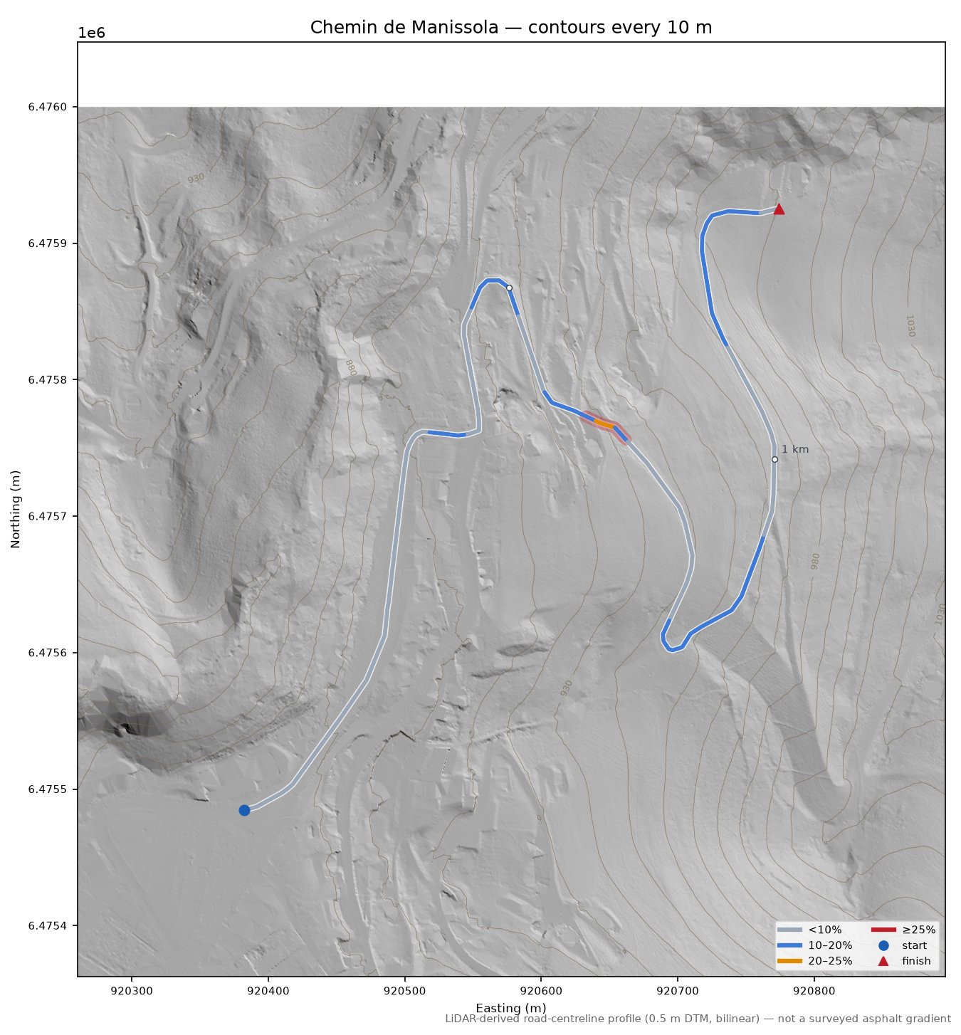 Chemin de Manissola LiDAR hillshade map with contours
