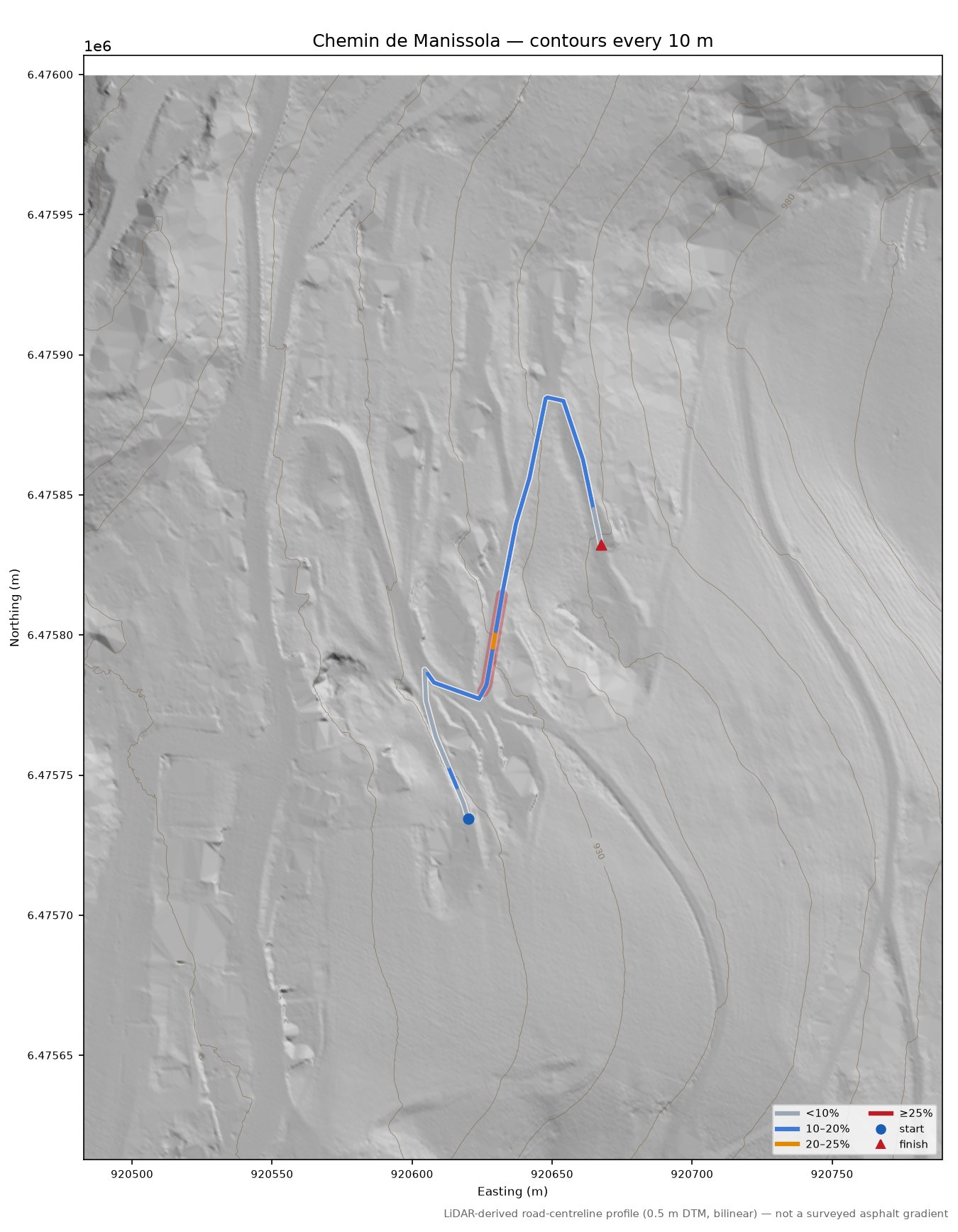 Chemin de Manissola LiDAR hillshade map with contours