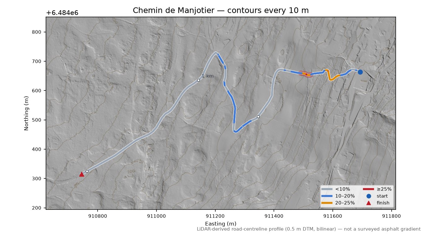 Chemin de Manjotier LiDAR hillshade map with contours