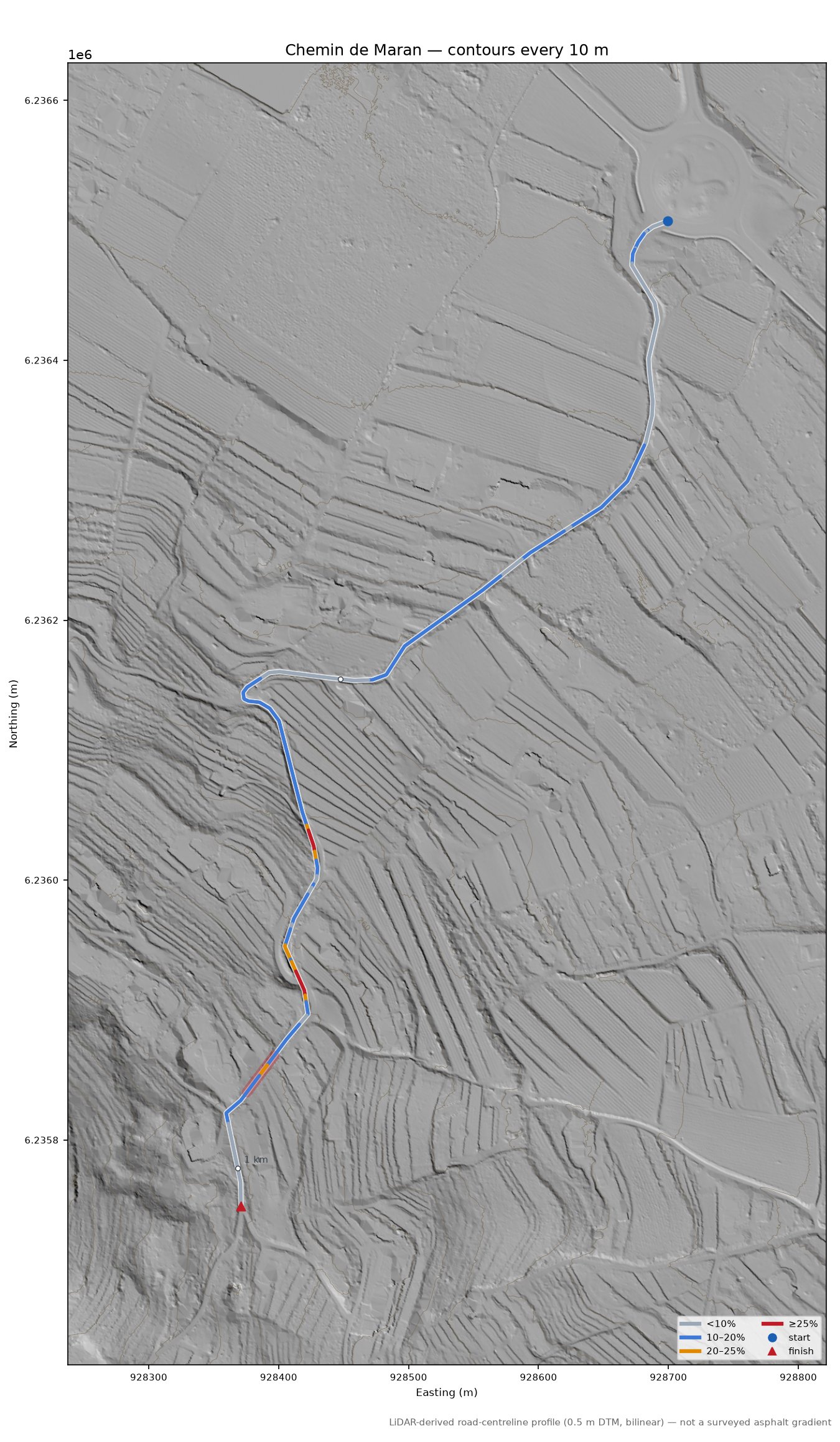 Chemin de Maran LiDAR hillshade map with contours