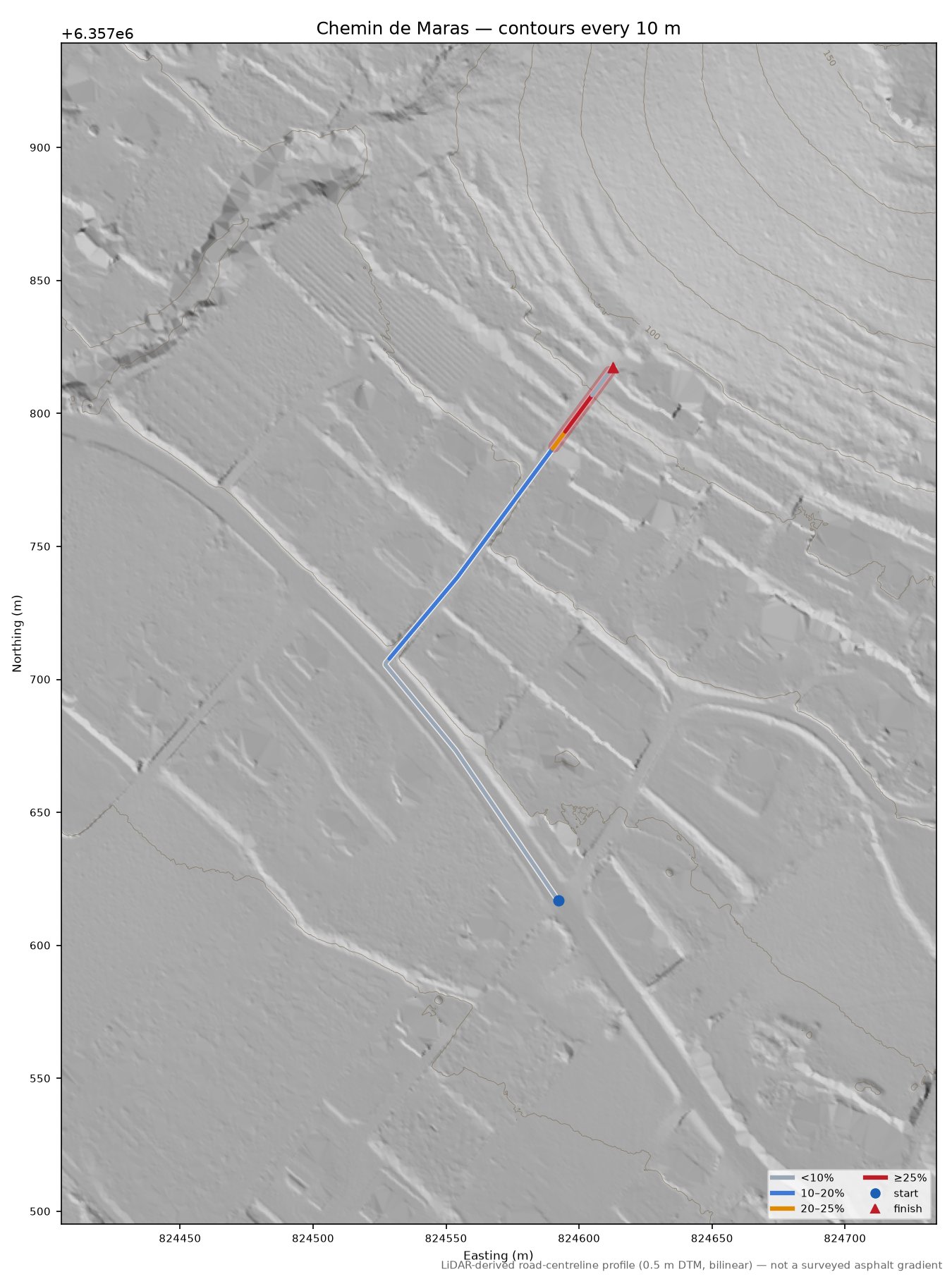 Chemin de Maras LiDAR hillshade map with contours
