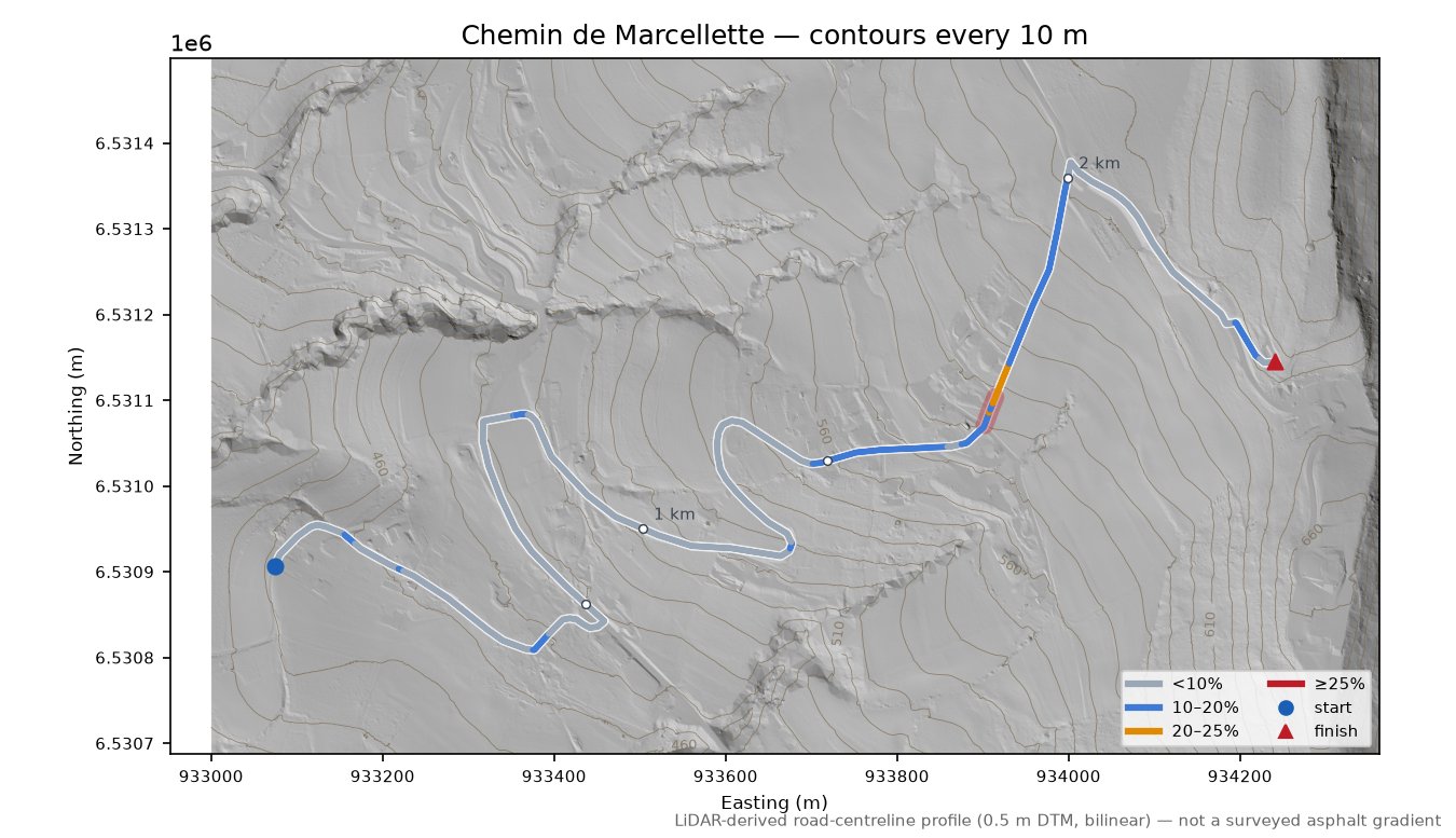 Chemin de Marcellette LiDAR hillshade map with contours